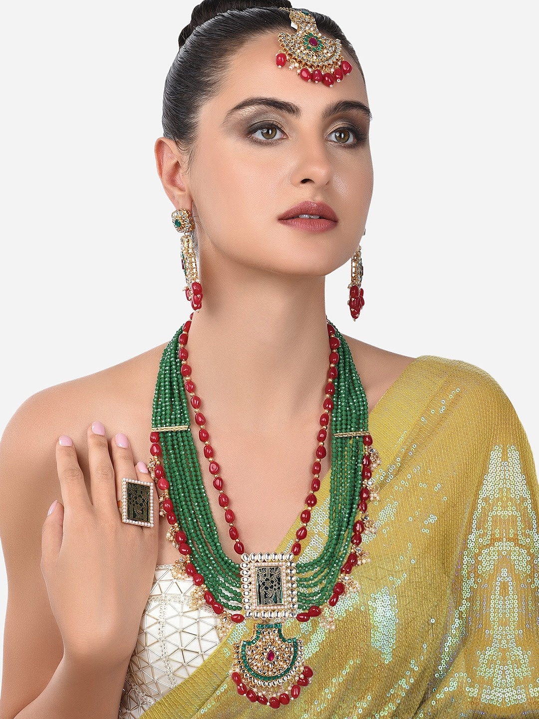 

Zaveri Pearls Gold-Plated Maroon & Green Kundan Beaded Layered Jewellery Set