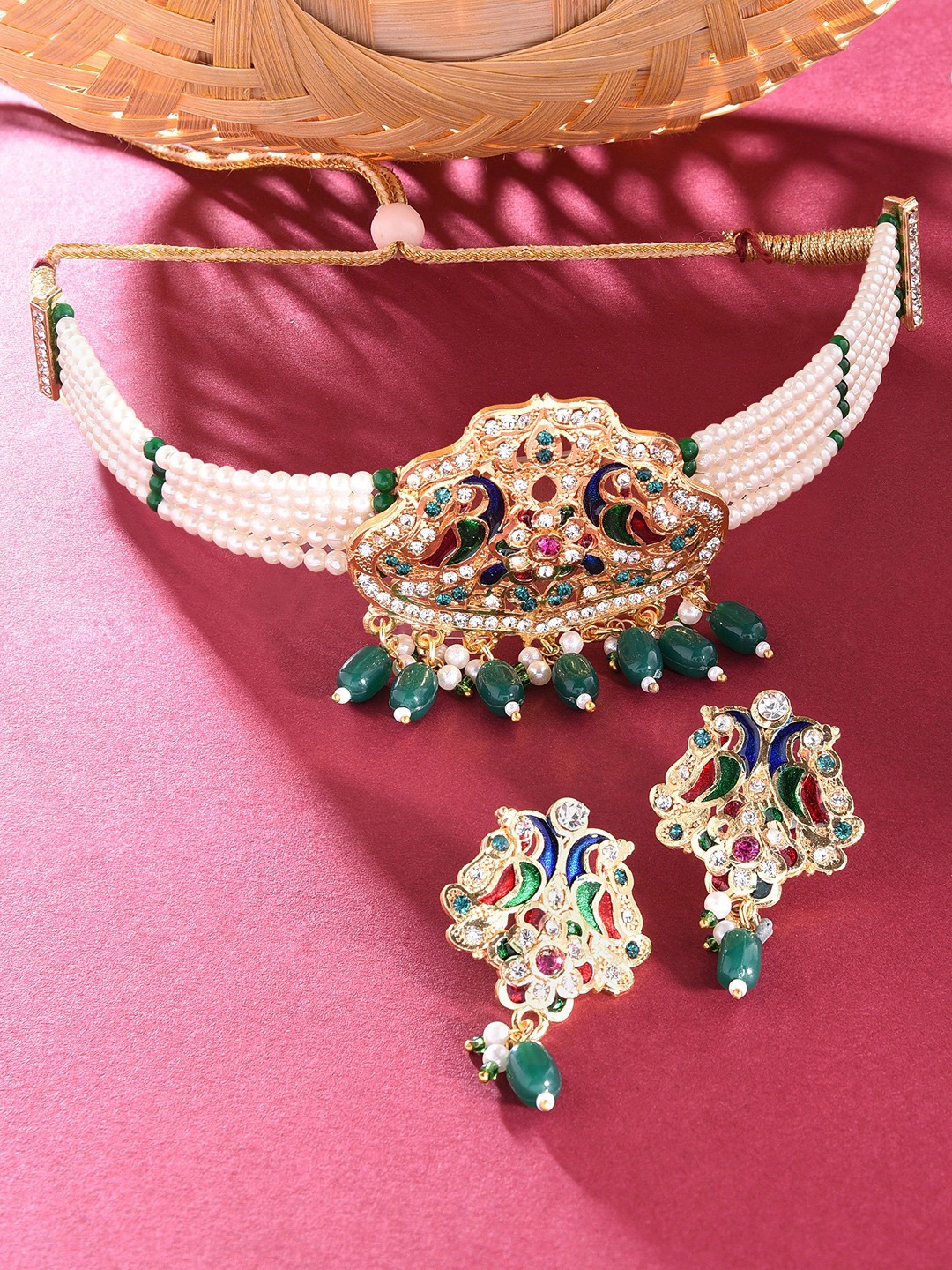 

Zaveri Pearls Gold-Plated White & Green Stone-Studded & Pearl Beaded Jewellery Set