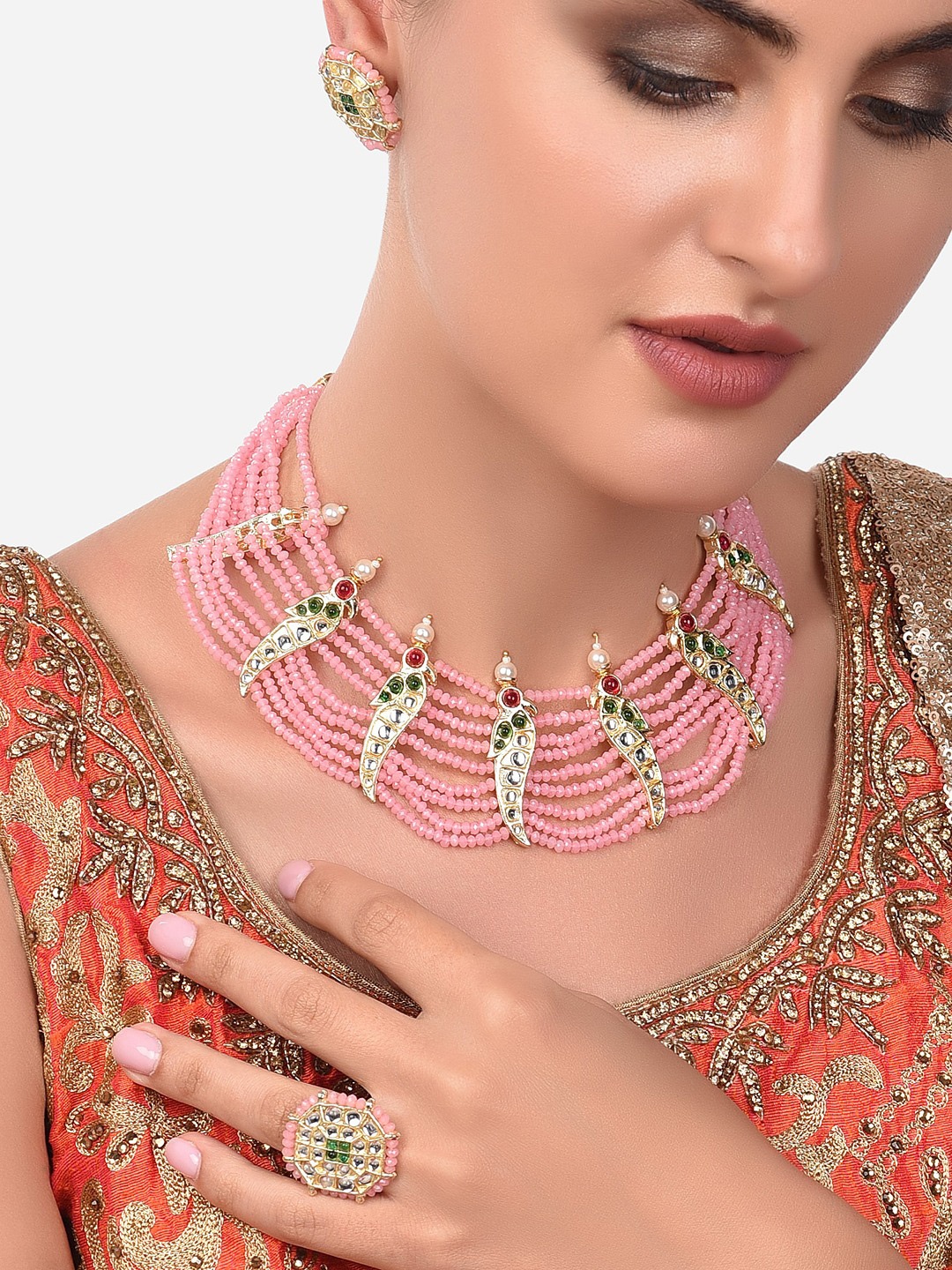

Zaveri Pearls Gold-Plated Pink & Green Kundan -Studded crystal Beaded Jewellery Set