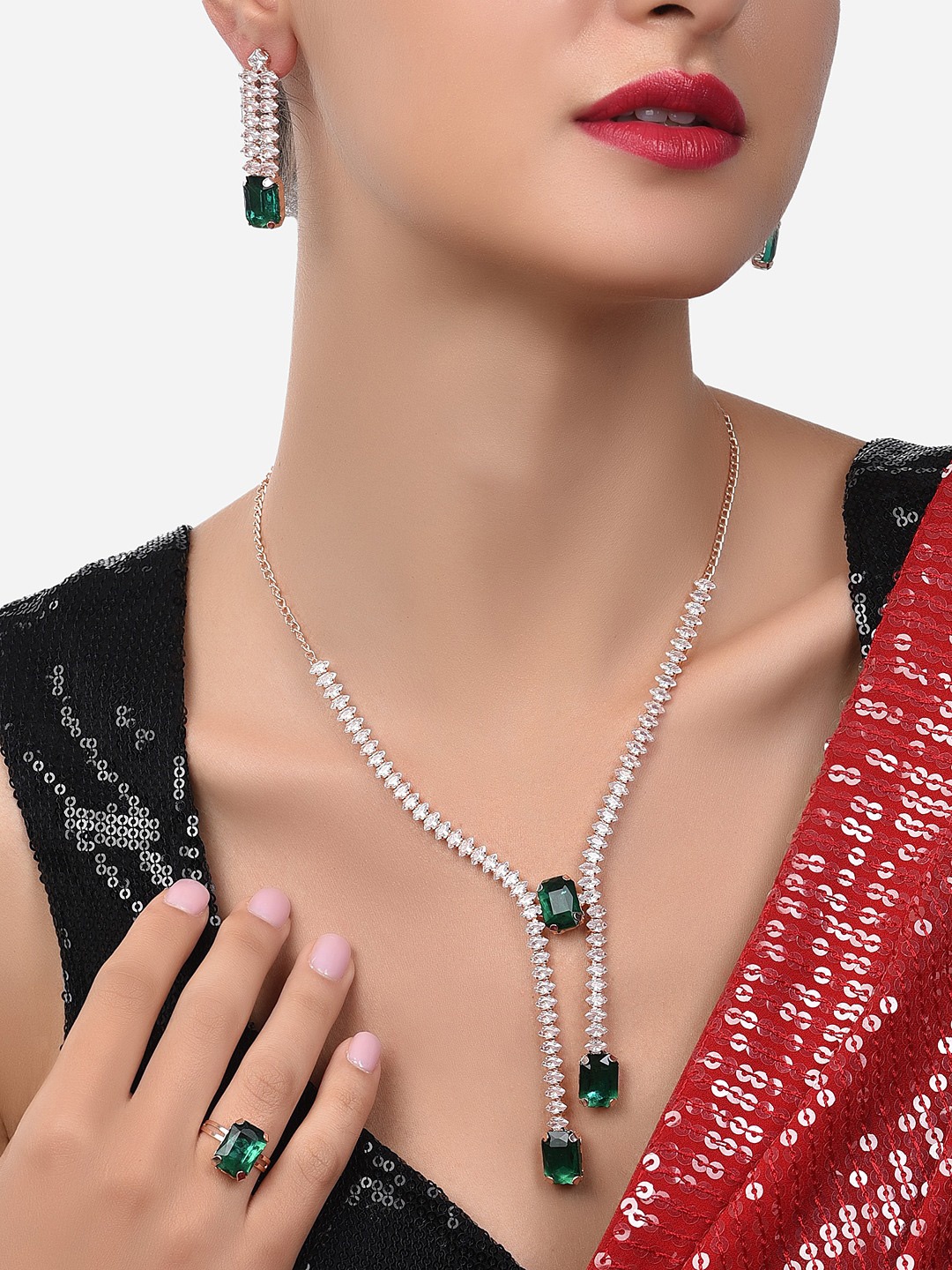 

Zaveri Pearls Rose Gold-Plated White & Green Stone-Studded Jewellery Set with Ring