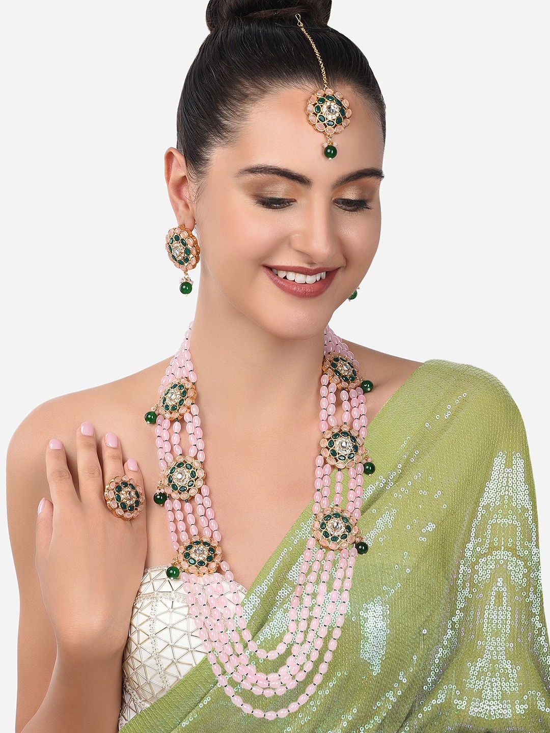 

Zaveri Pearls Women Gold-plated Pink & Green Kundan Studded Pearl Multistrand Jewelry Set