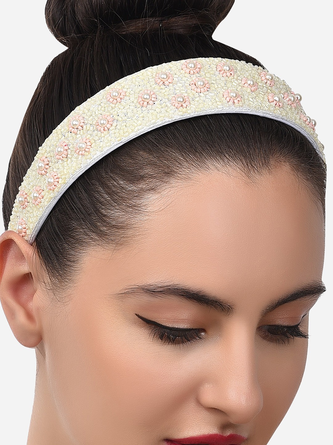 

Zaveri Pearls Women Peach-Coloured & Cream Beaded Flowers Embellished Hairband