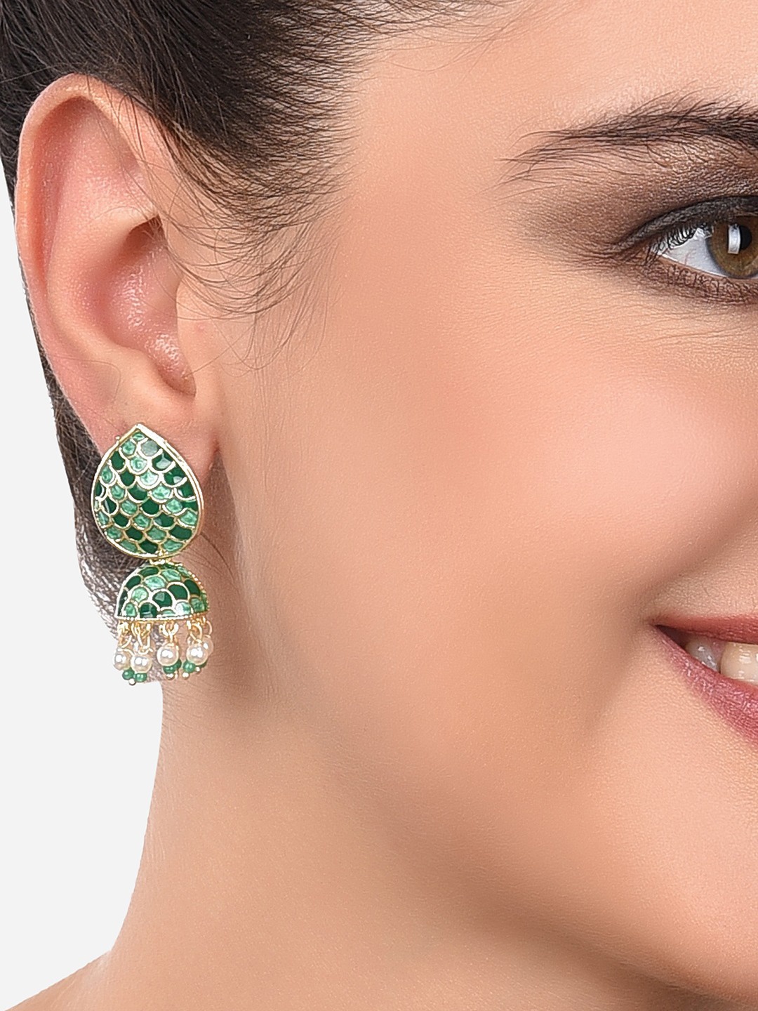 

Zaveri Pearls Women Green Contemporary Meenakari Jhumkas Earrings