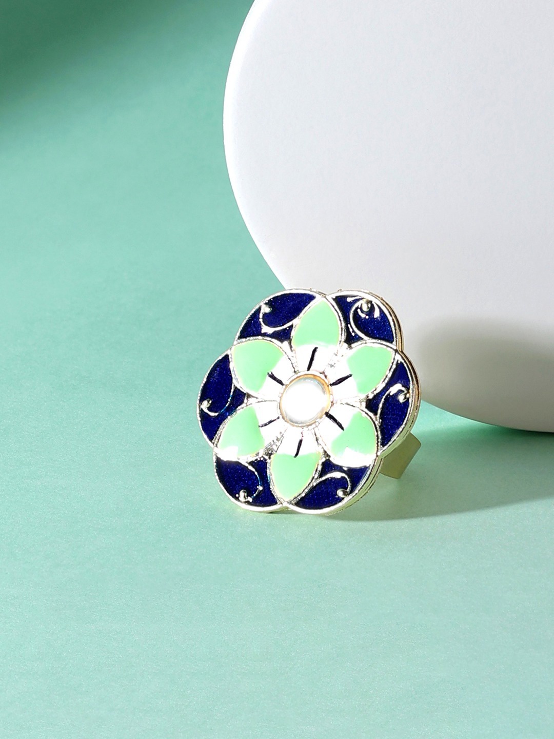 

Zaveri Pearls Women Gold-Plated, Blue & Green Meenakari Flower Kundan Finger Ring