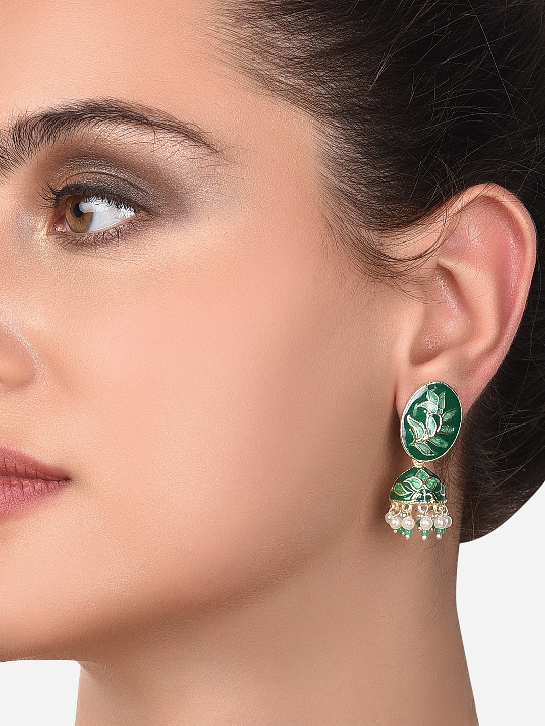 

Zaveri Pearls Women Green Meenakari Traditional Jhumkas Earring