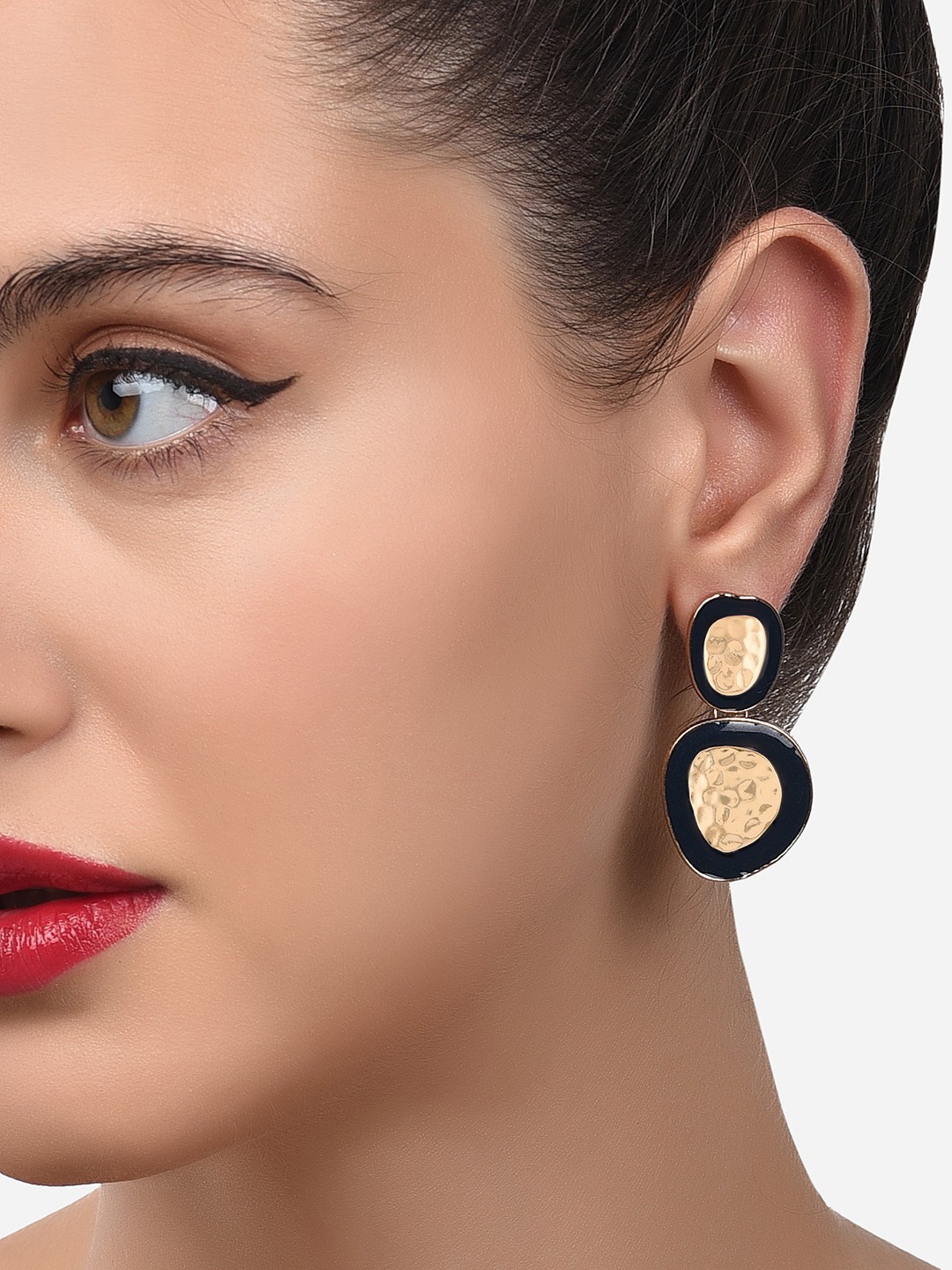 

Zaveri Pearls Women Black Enamel Classy Contemporary Soft Hammered Drop Earring