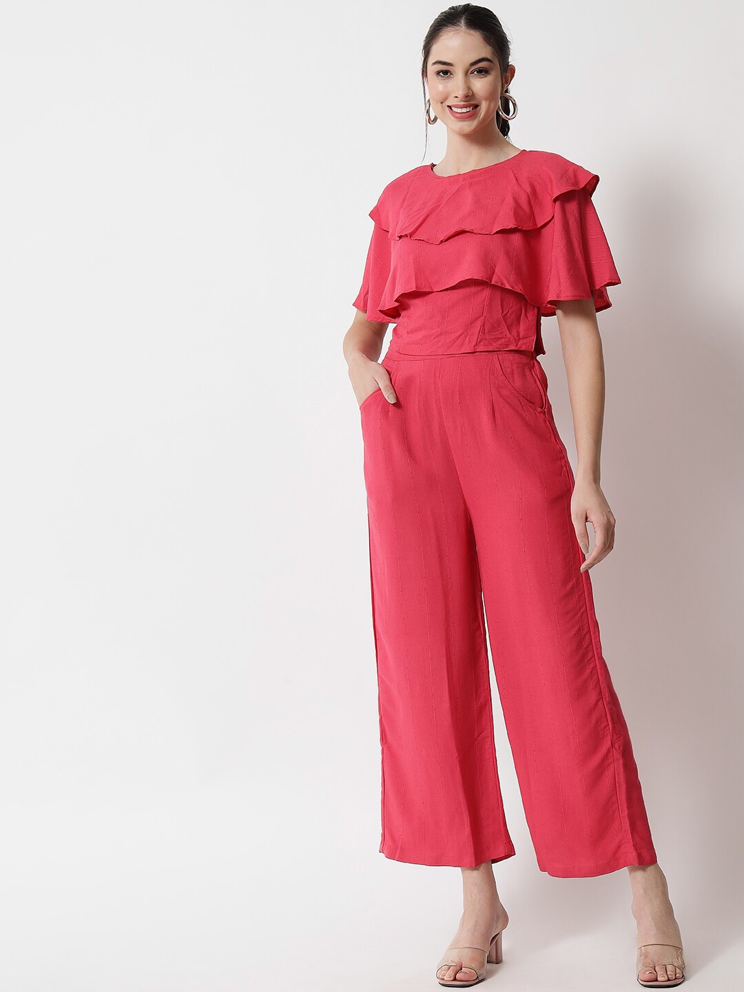 

Sitaram Designer Women Pink Solid Cotton Crop Top and Palazzos Set