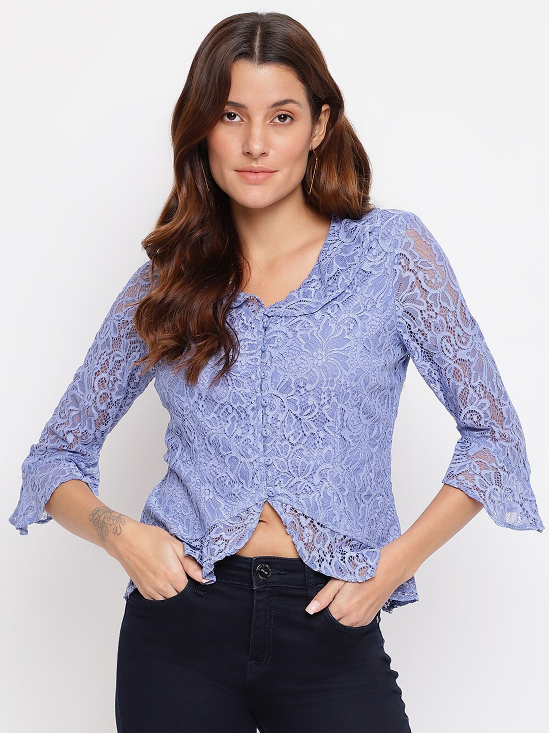 

Latin Quarters Blue Peter Pan Collar Ruffled Lace Top