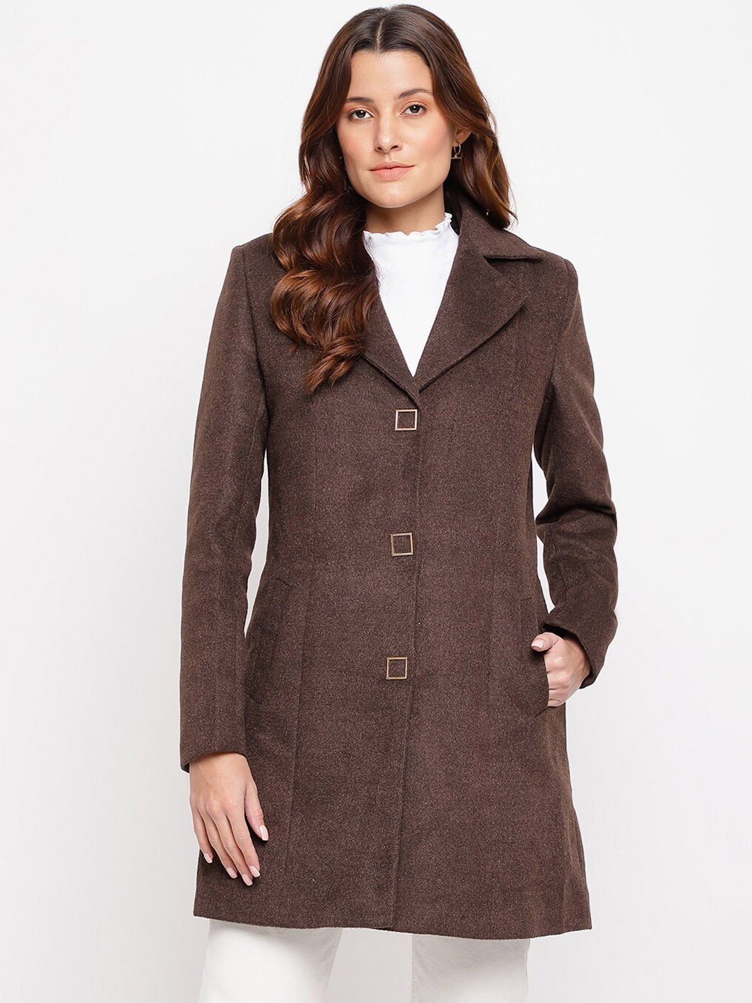 

Latin Quarters Women Brown Lapel Collar Buttoned Longline Over Coat