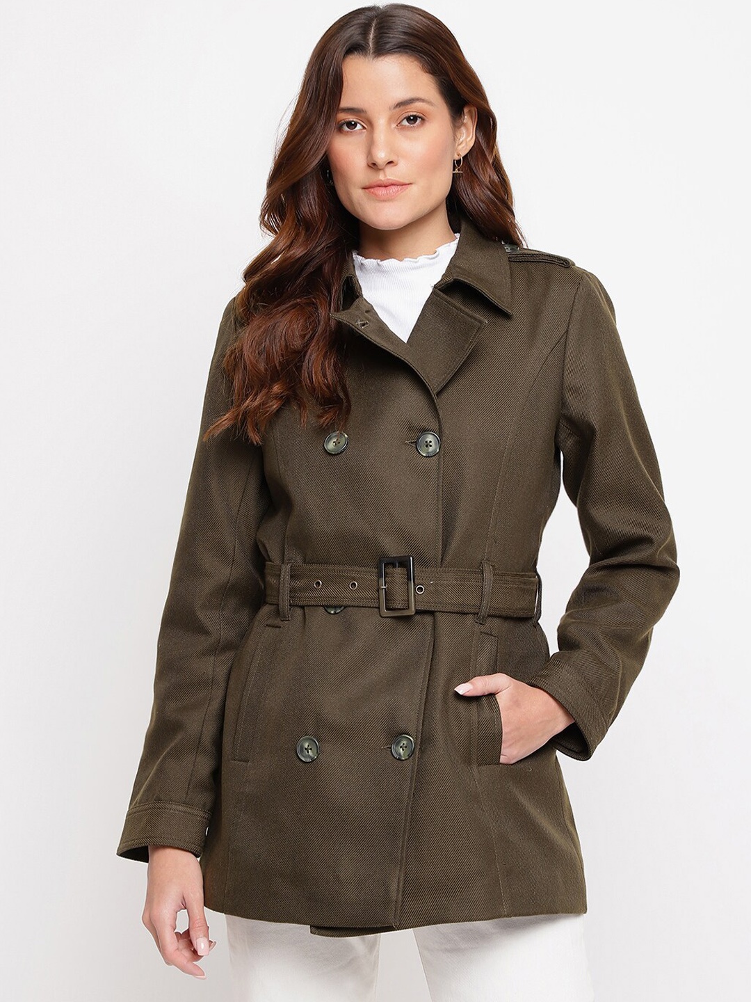 

Latin Quarters Women Olive-Green Solid Double-Breasted Long Coat