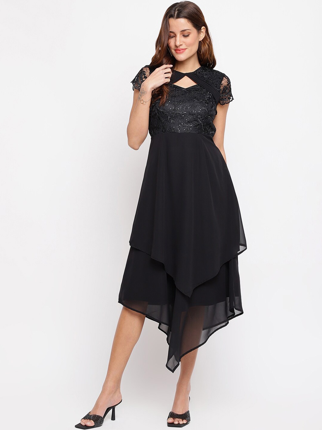 

Latin Quarters Women Black Midi Asymmetric Lace Dress