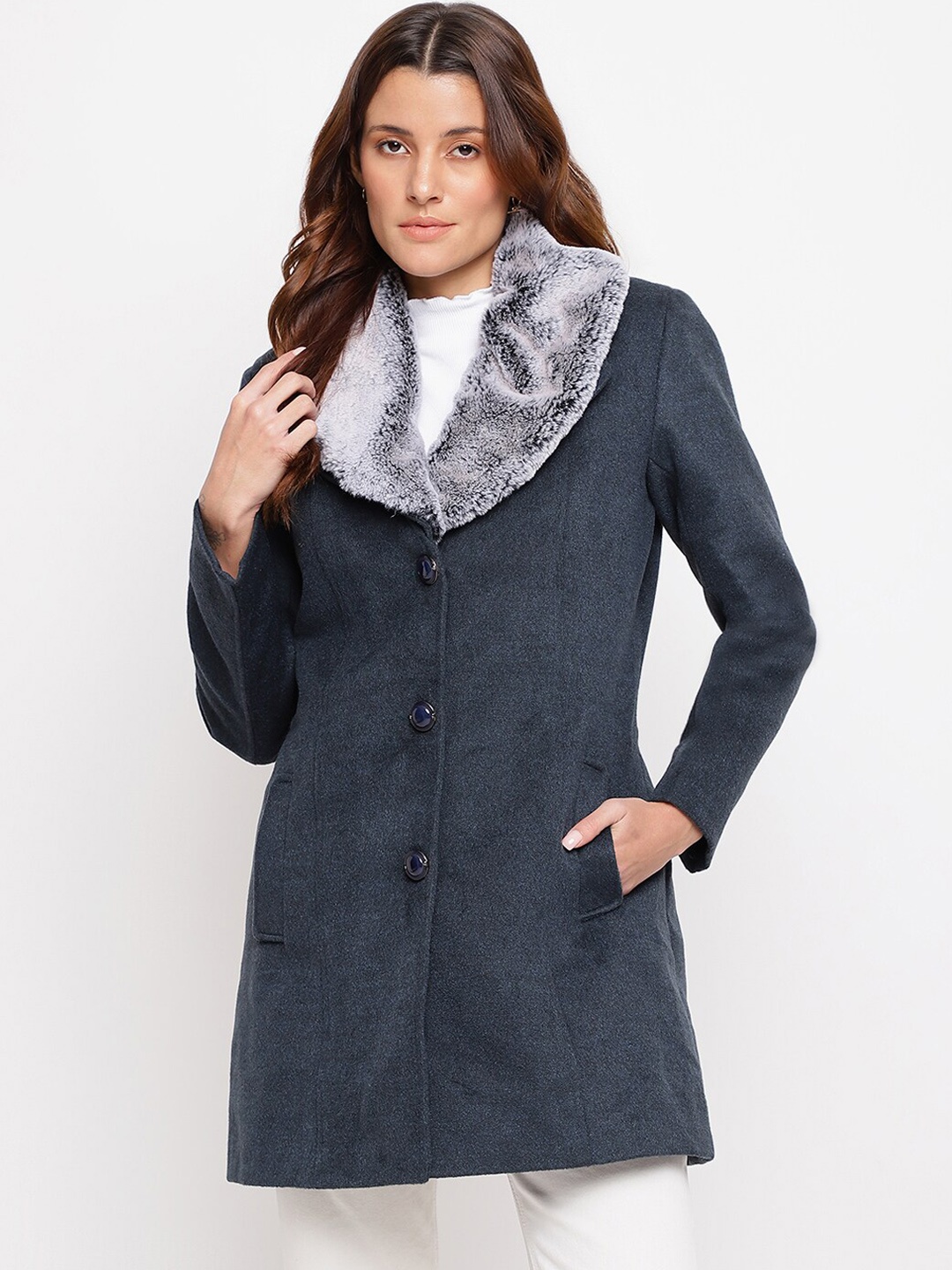 

Latin Quarters Women Teal Blue Solid Front- Button Open Fur Collar Overcoat