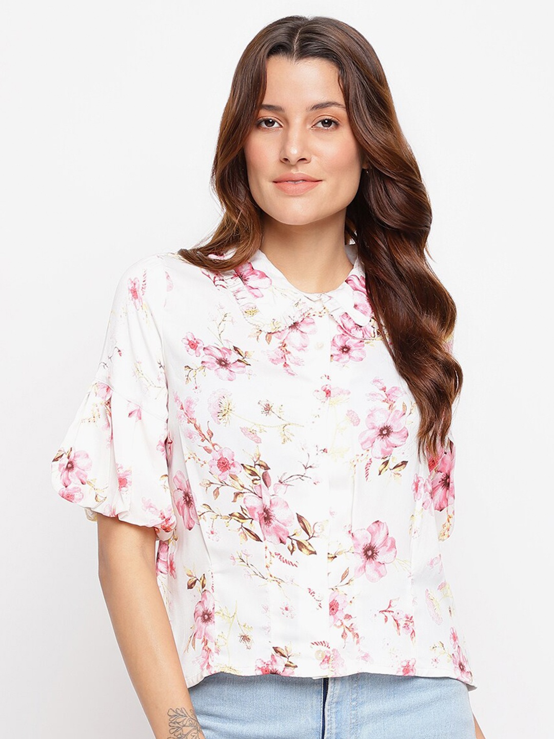 

Latin Quarters Women Pink Floral Print Shirt Style Top