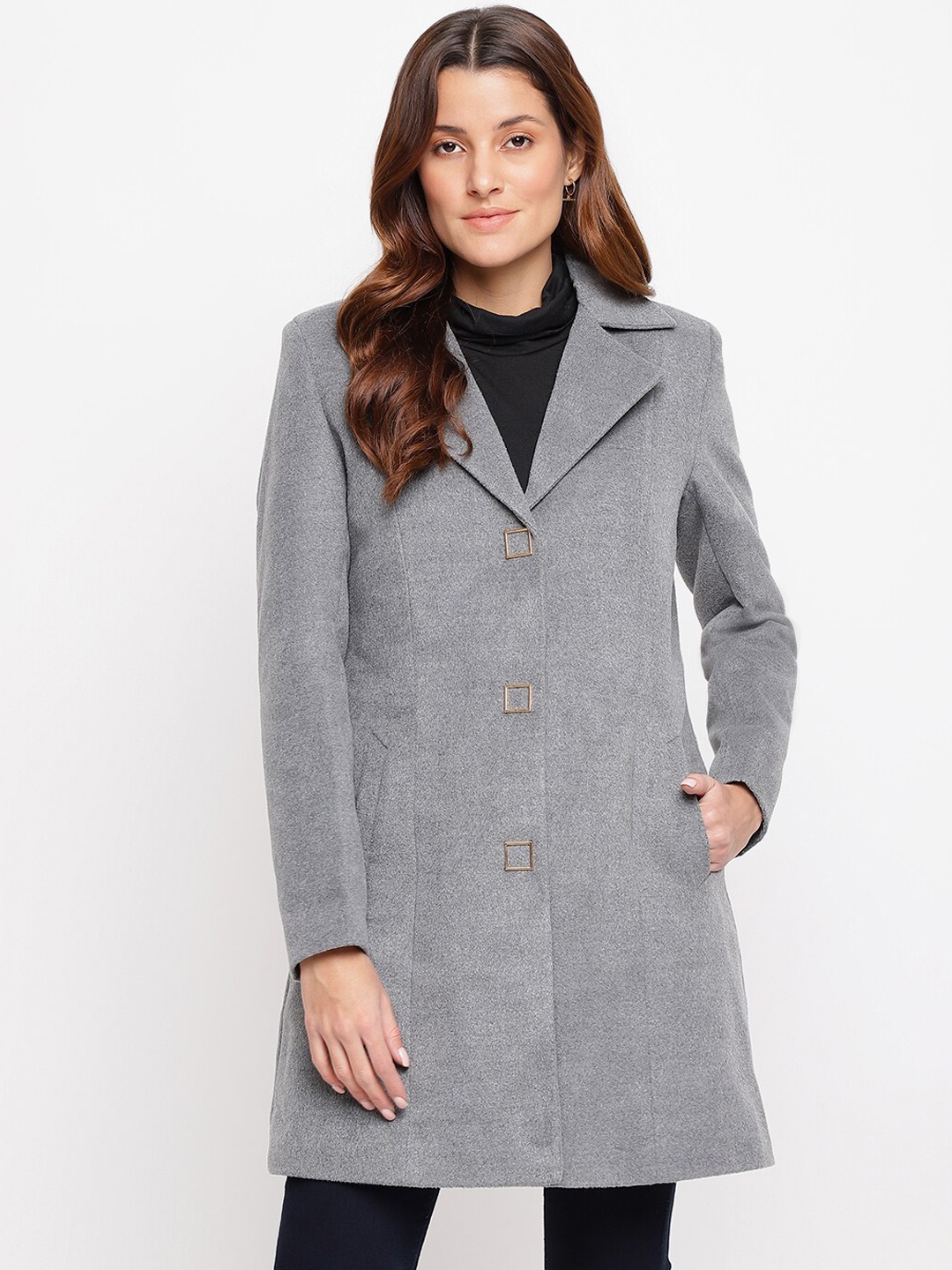 

Latin Quarters Women Grey Broad Lapel Collar Buttoned Over Coat