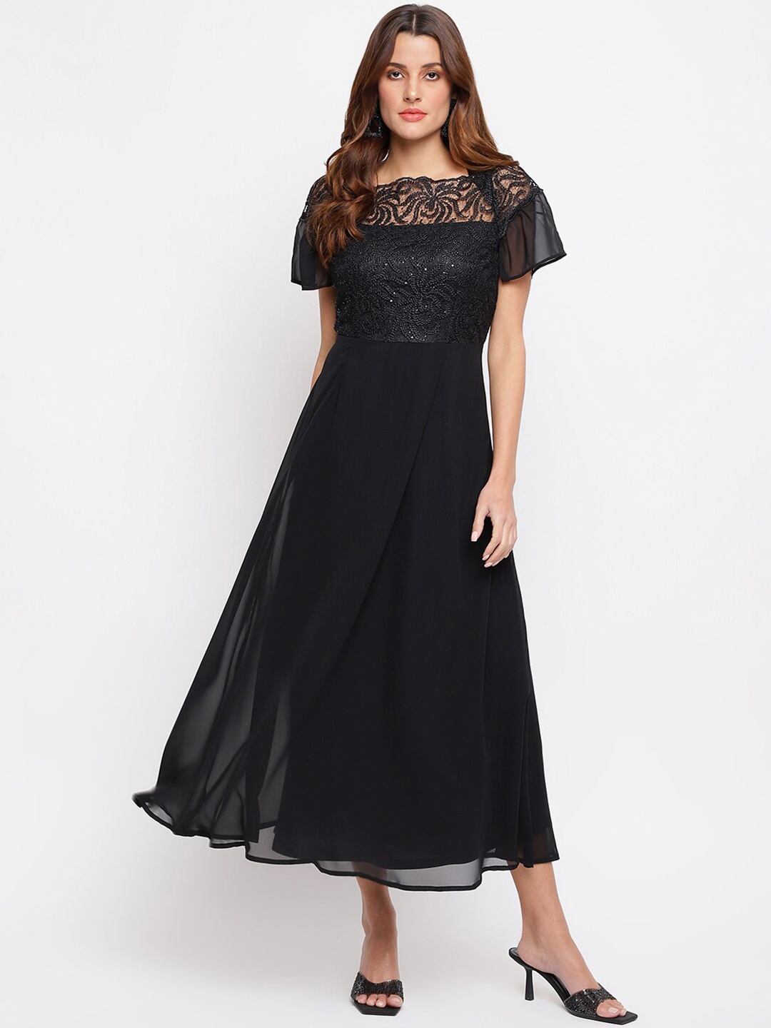

Latin Quarters Women Black Sequins Embroidered Empire Design Lace Maxi Dress