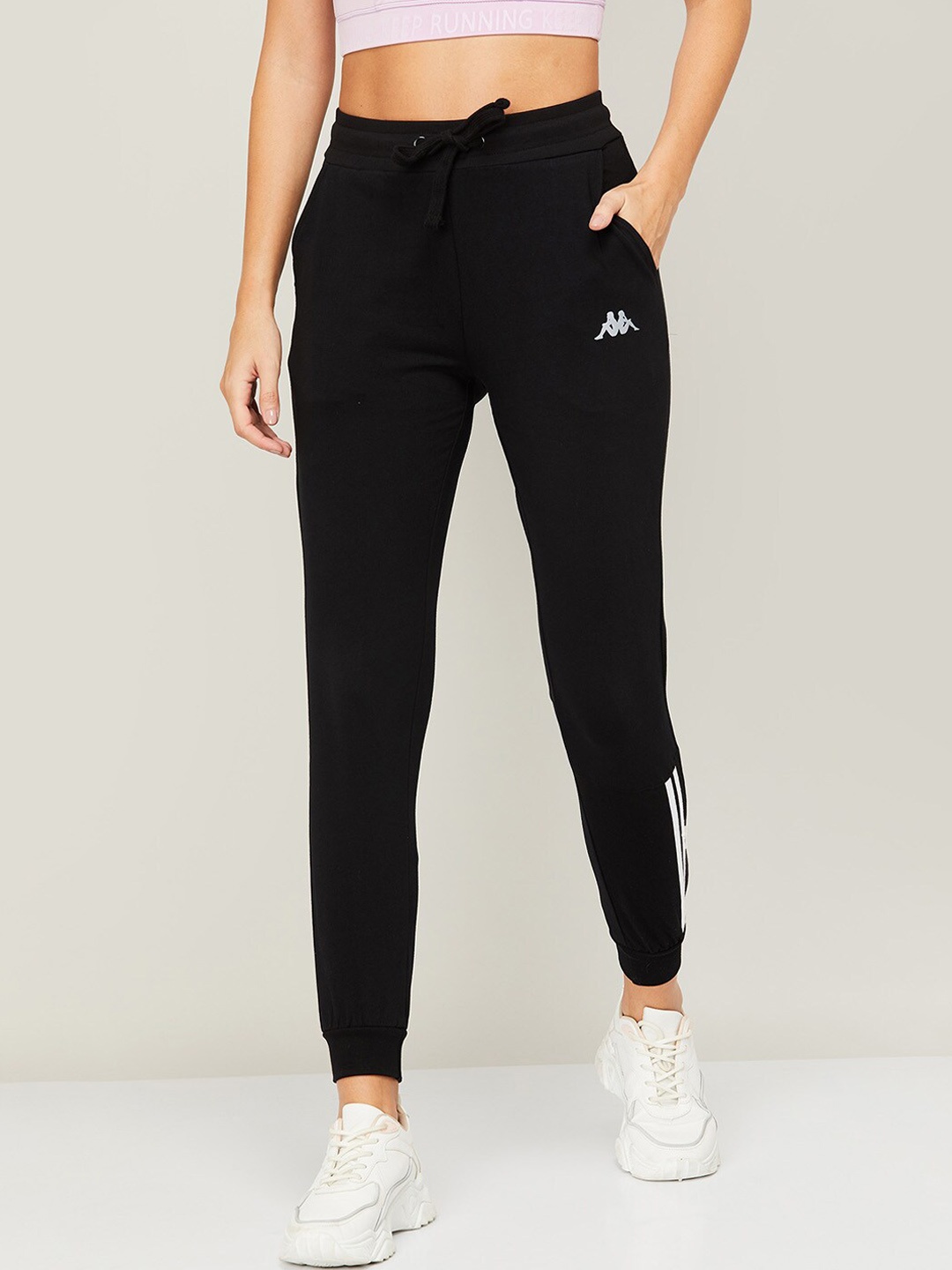 

Kappa Women Black & White Striped Cotton Joggers