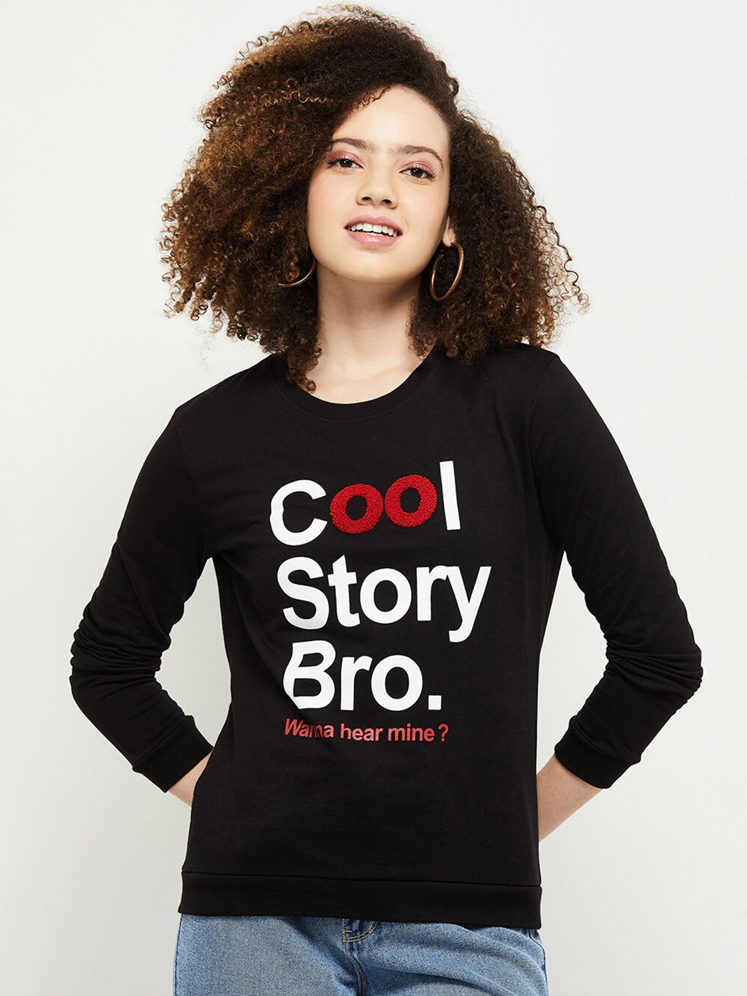 

max Women Black Printed Pure Cotton Sweatshirt