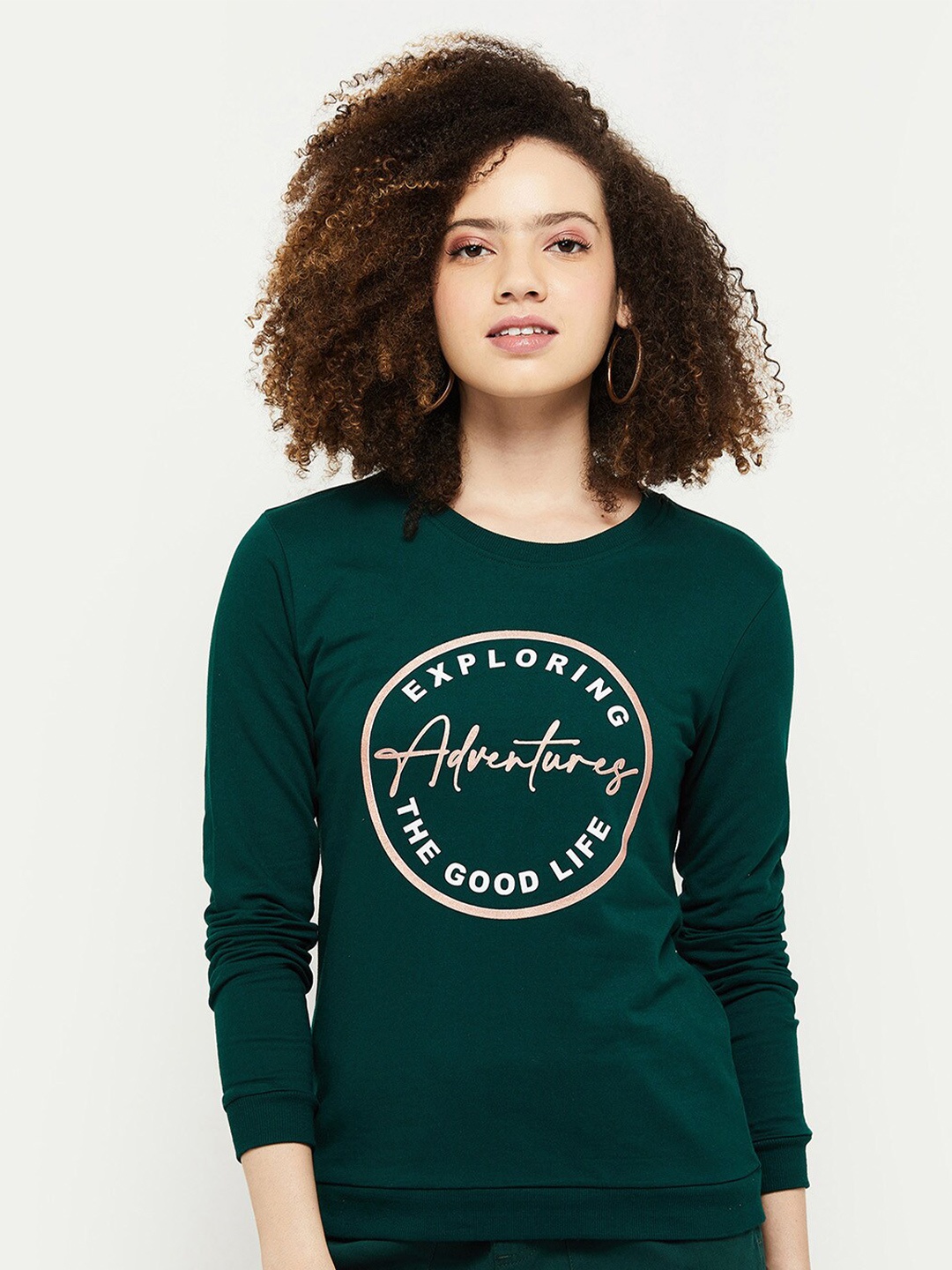 

max Women Green Printed Pure Cotton Sweatshirt