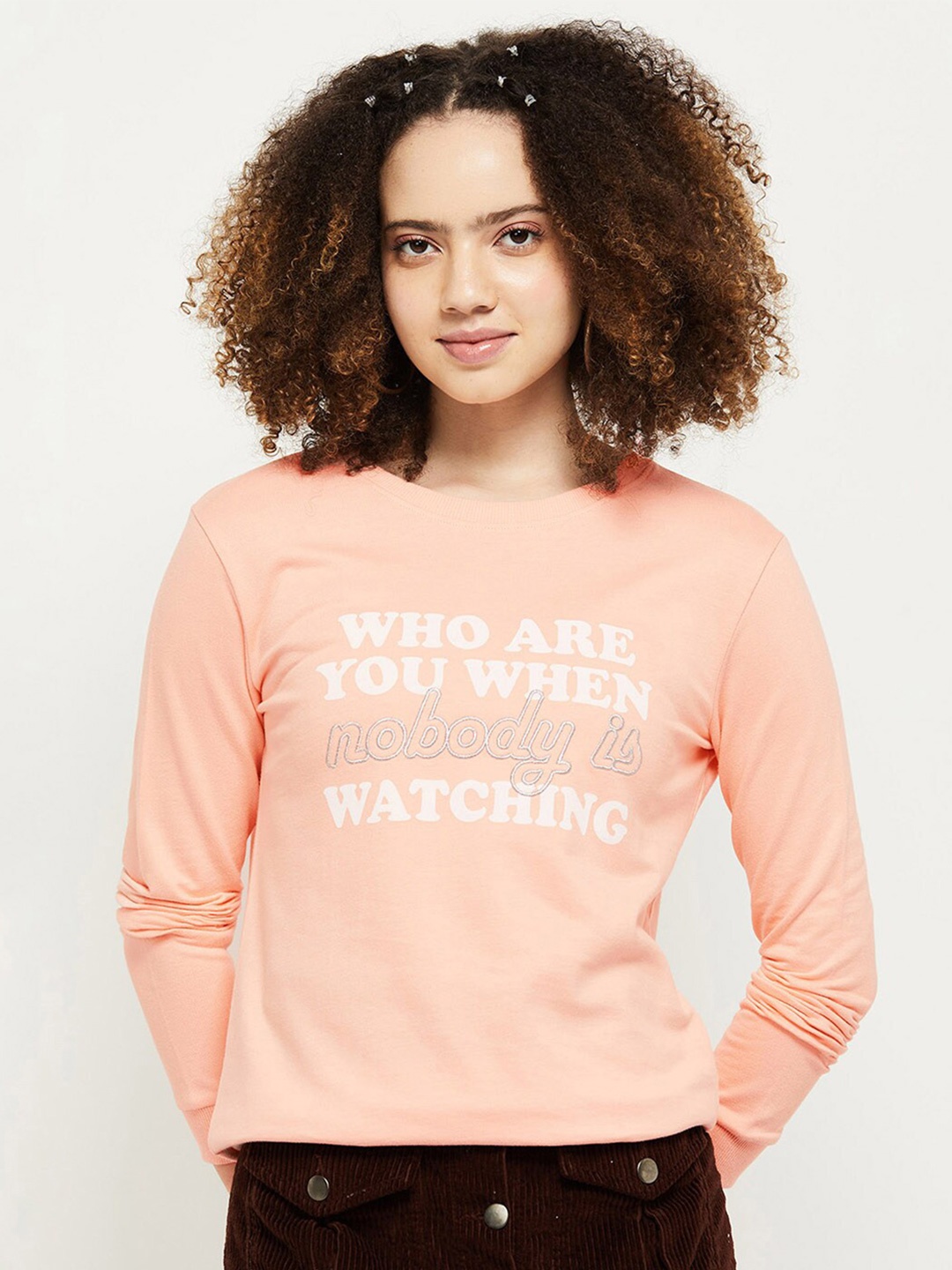 

max Women Peach-Coloured Printed Slip on Sweatshirt