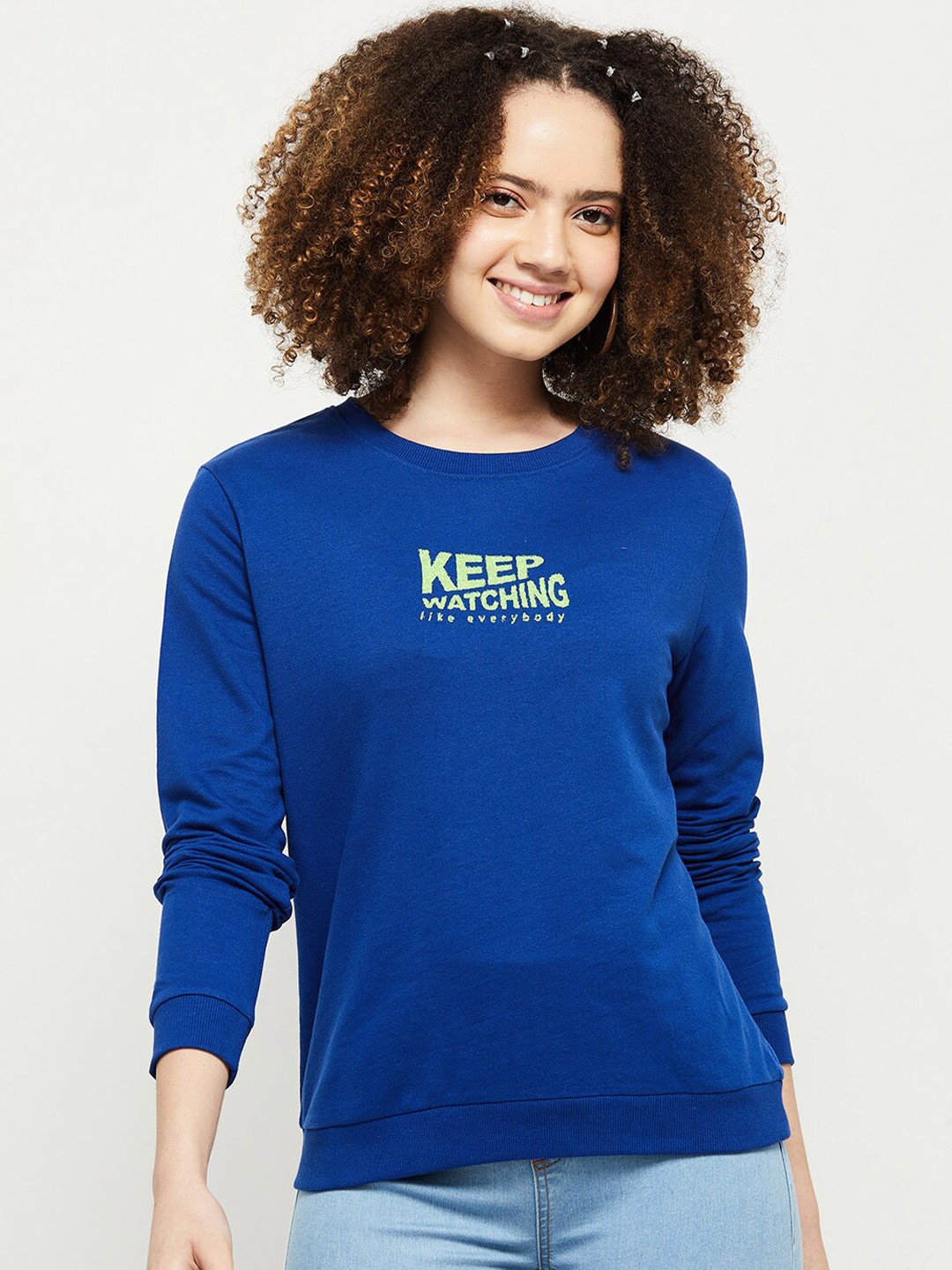 

max Women Blue Printed Slip on Sweatshirt