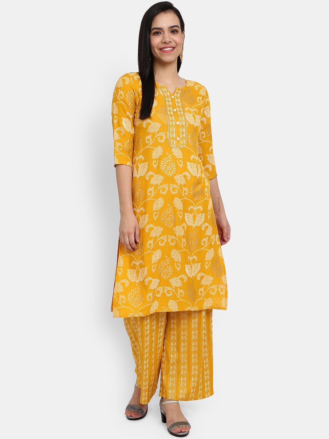

Desi Mix Women Mustard Yellow Floral Printed Kurta with Palazzos