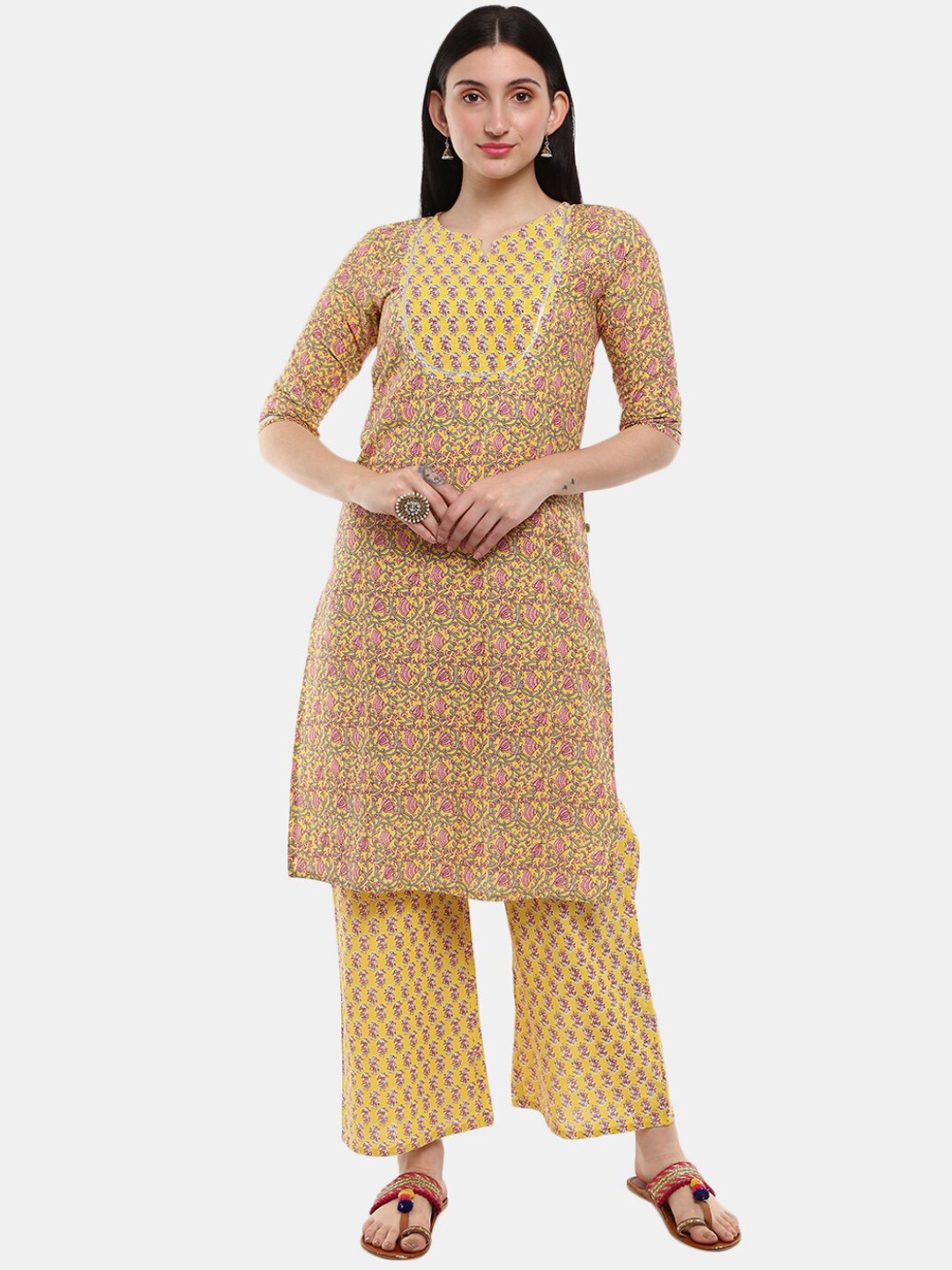 

Desi Mix Women Yellow Floral Printed Kurti with Palazzos