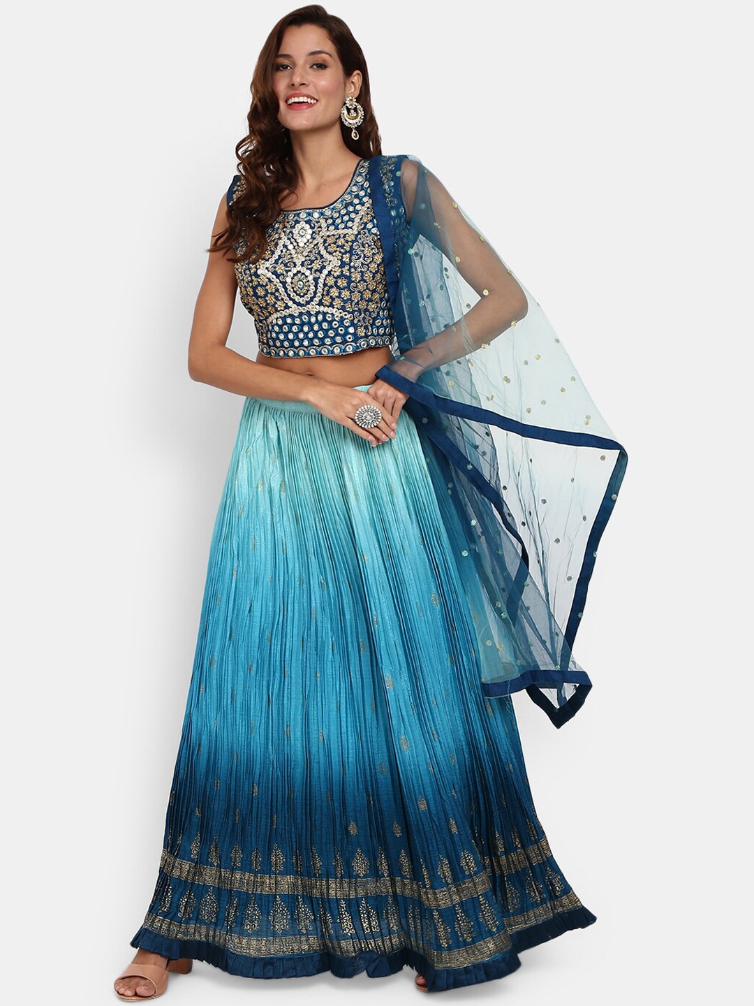 

Desi Mix Women Blue Ethnic Motifs Printed Kurta with Churidar & With Dupatta