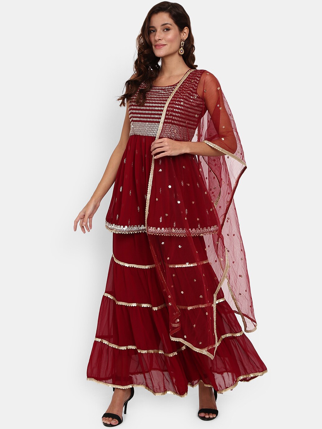 

Desi Mix Women Maroon Embroidered Kurti with Sharara & Dupatta