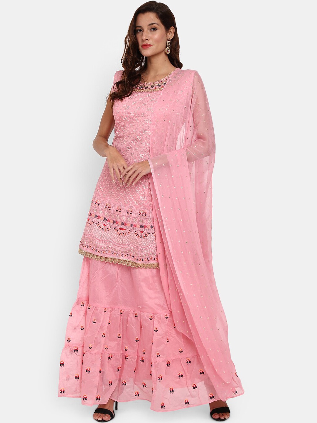 

Desi Mix Women Pink Embroidered Kurta with Palazzos & Dupatta