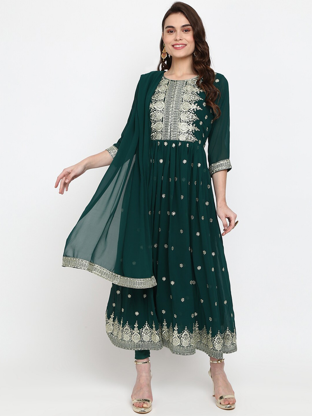 

Desi Mix Women Green Ethnic Motifs Striped Empire Kurta with Churidar & With Dupatta