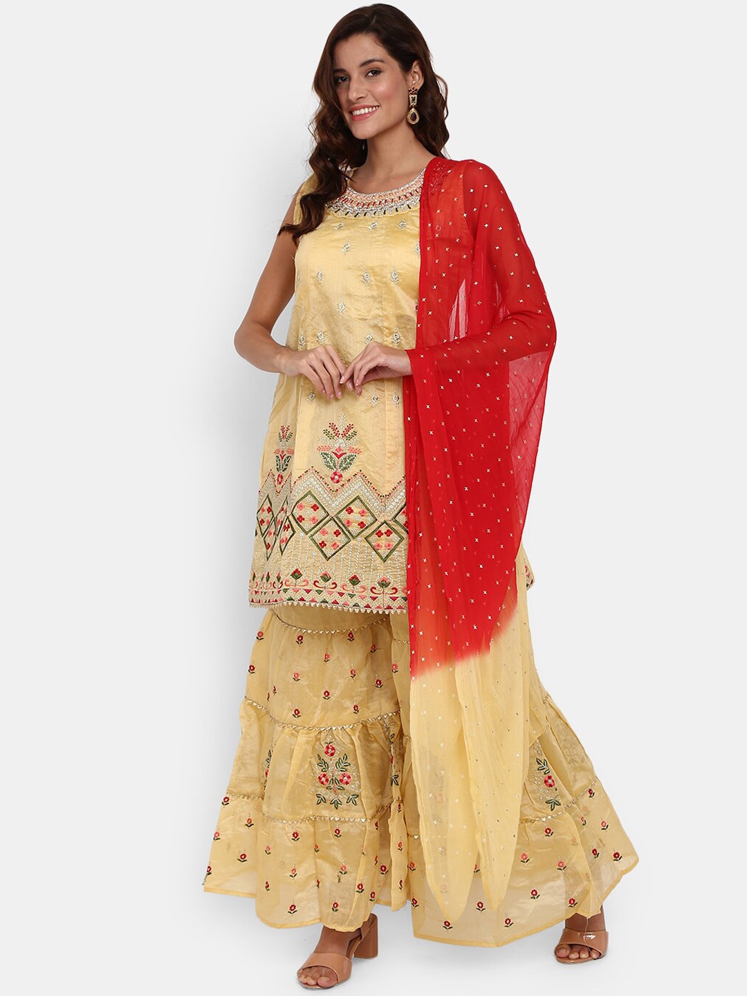

Desi Mix Women Yellow Ethnic Motifs Embroidered Kurta with Sharara & Dupatta