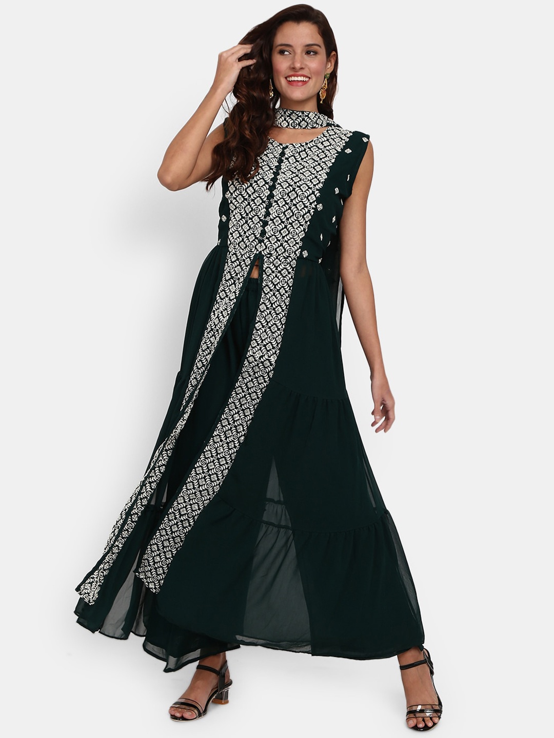 

Desi Mix Women Green Embroidered Tiered Kurta with Palazzos