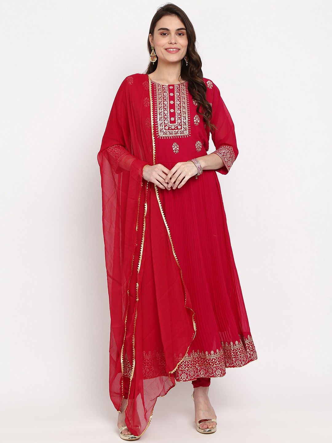 

Desi Mix Women Fuchsia Floral Embroidered Panelled Kurta with Churidar & Dupatta