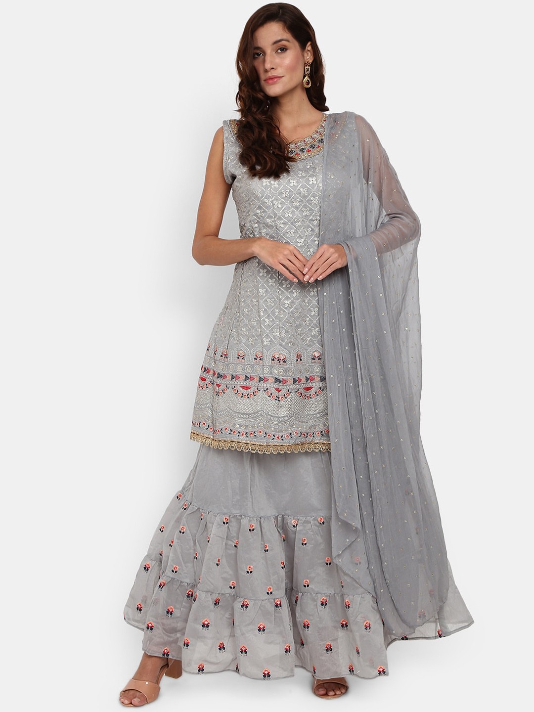 

Desi Mix Women Grey Floral Embroidered Kurta with Skirt & With Dupatta