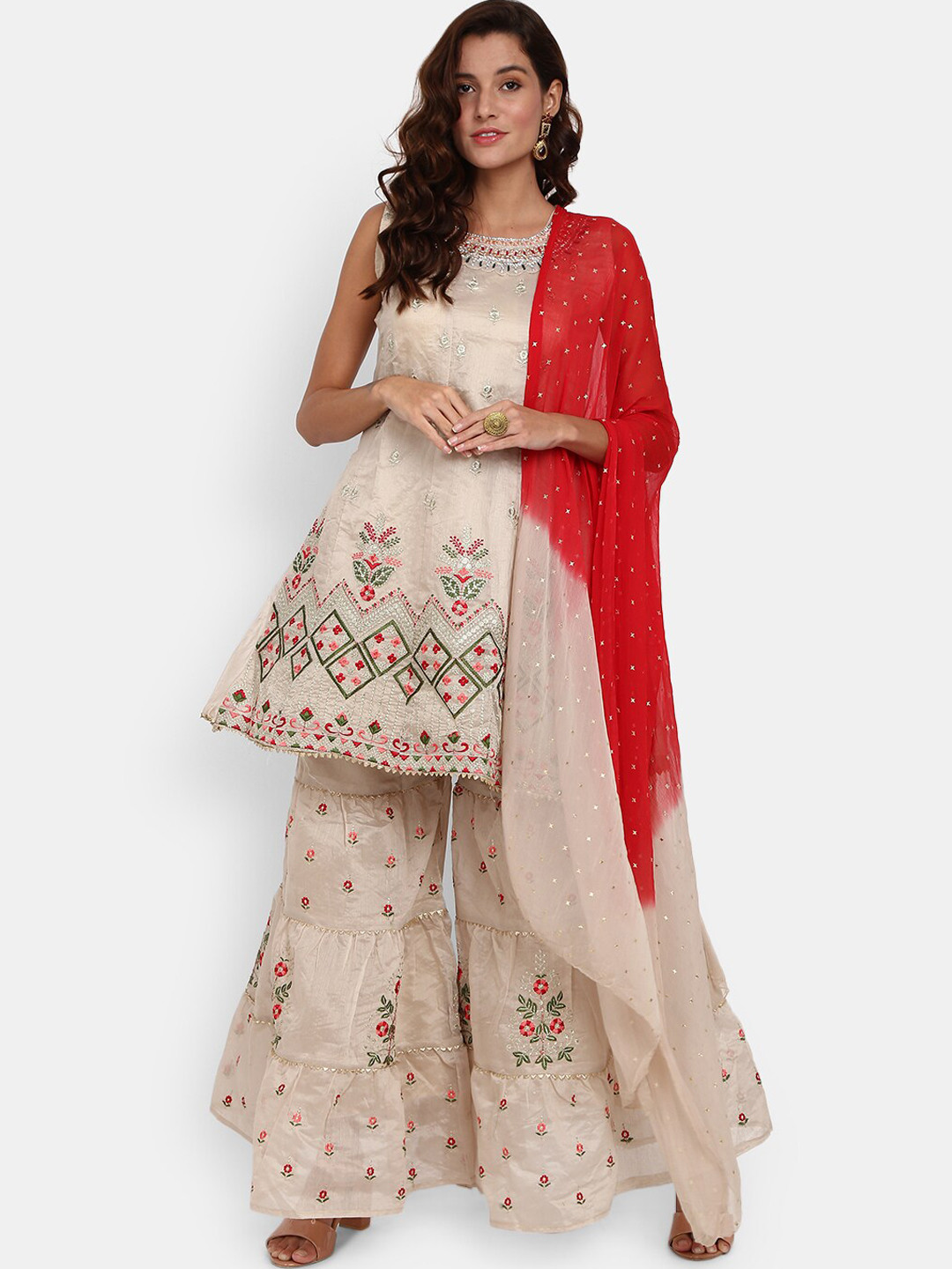 

Desi Mix Women Beige Ethnic Motifs Printed Kurta with Sharara & With Dupatta