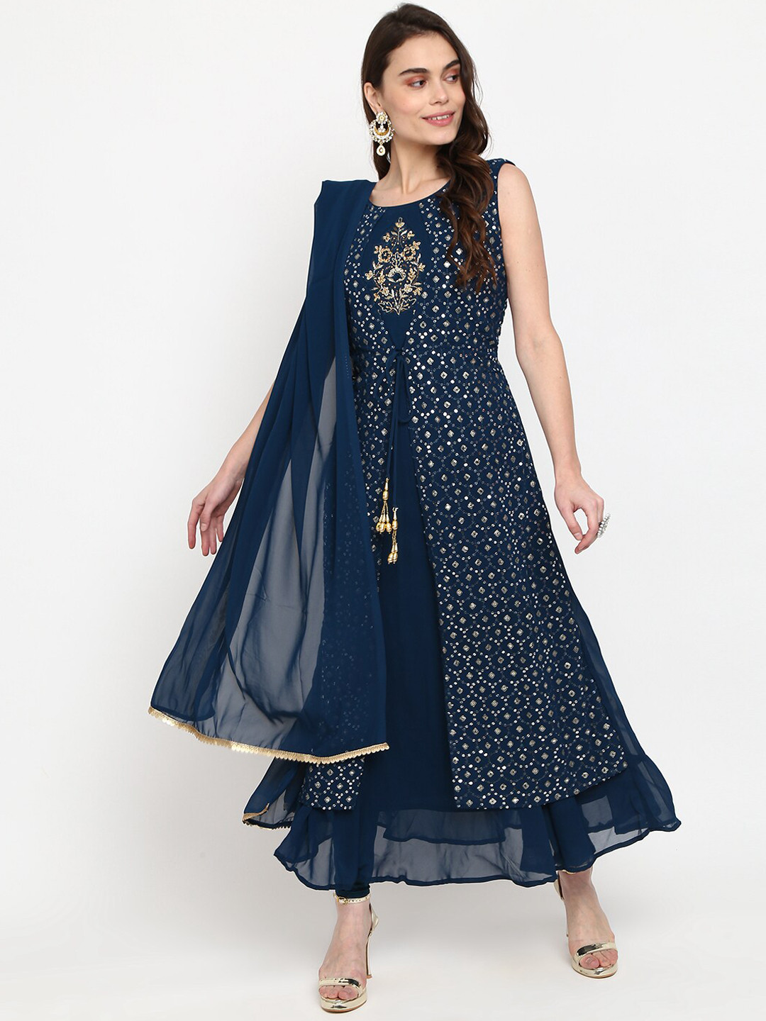 

Desi Mix Women Teal Printed Layered Kurti with Churidar & With Dupatta