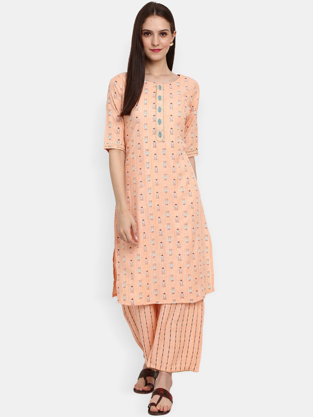 

Desi Mix Women Peach-Coloured Printed Kurta with Palazzos