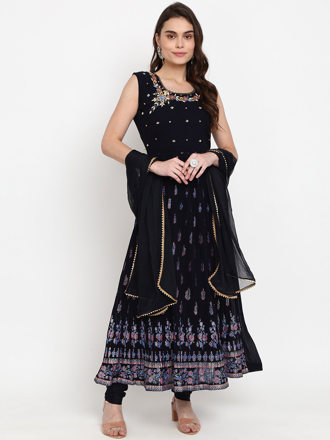 

Desi Mix Women Teal Embroidered Pleated Kurti with Salwar & With Dupatta
