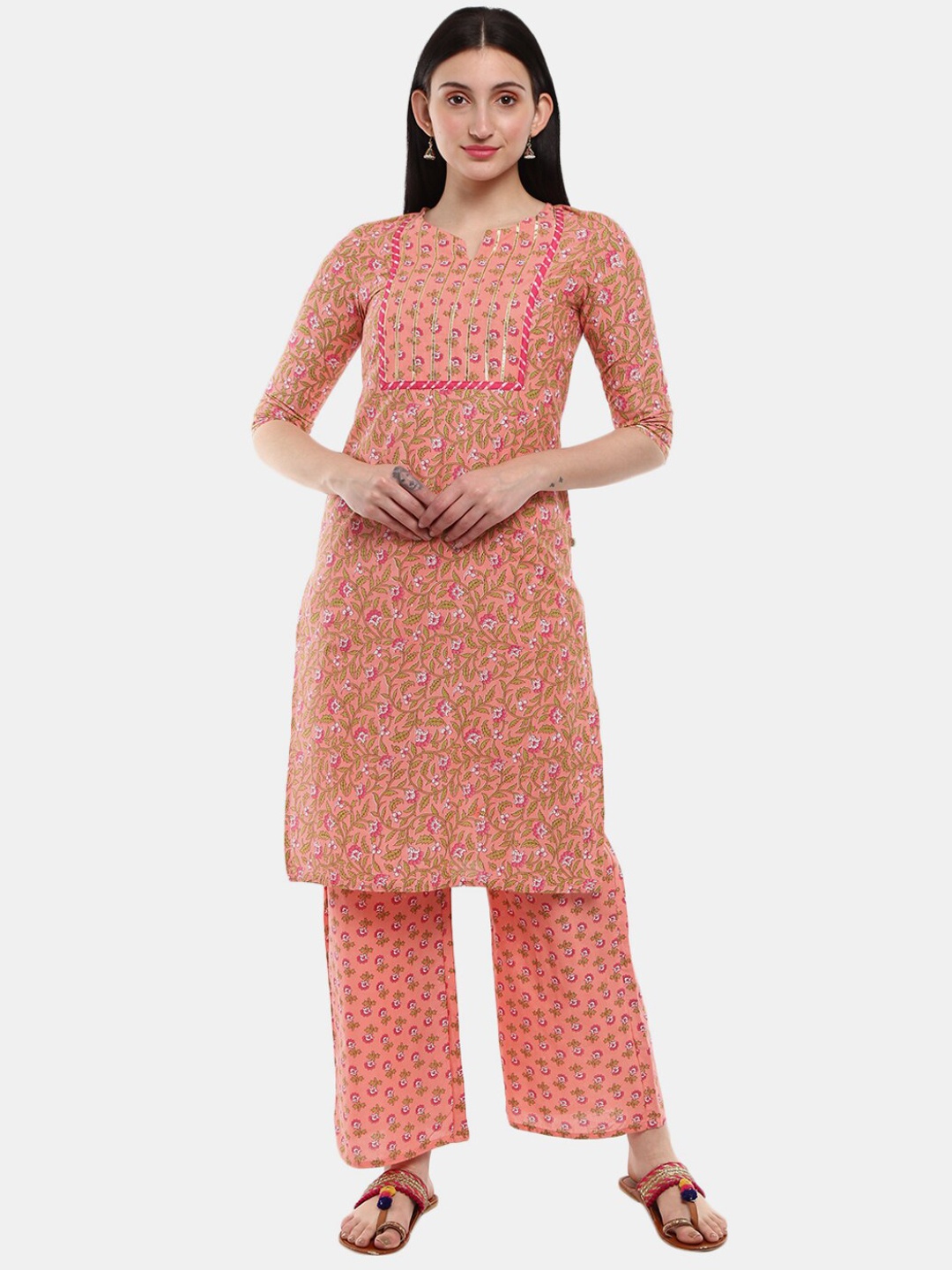 

Desi Mix Women Peach-Coloured Printed KurtA with Palazzos