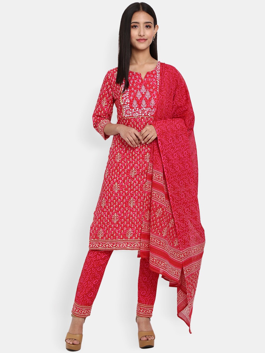 

Desi Mix Women Red Ethnic Motifs Printed Kurta with Churidar & With Dupatta