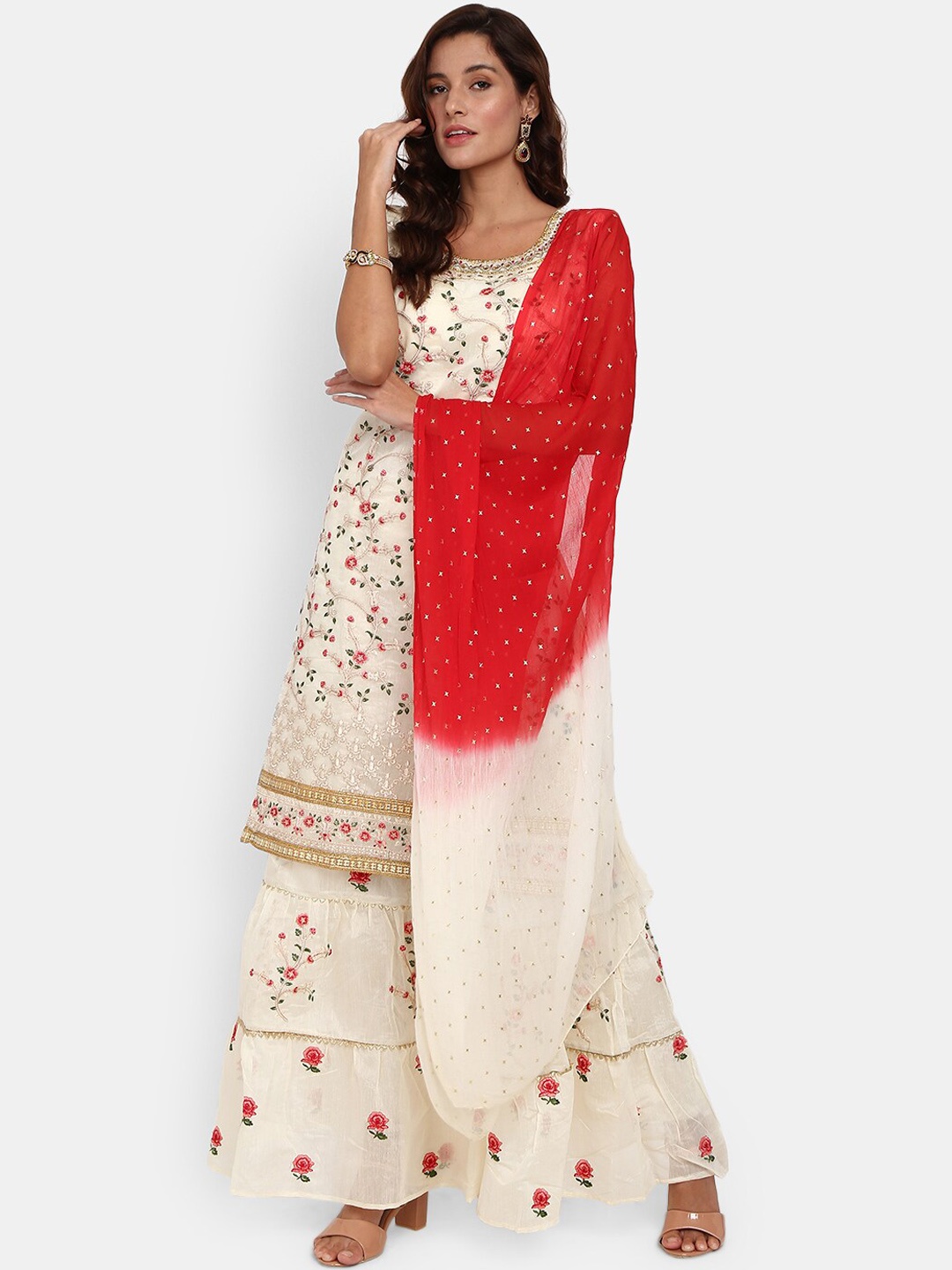

Desi Mix Women Cream-Coloured Floral Printed Kurta with Palazzos & With Dupatta