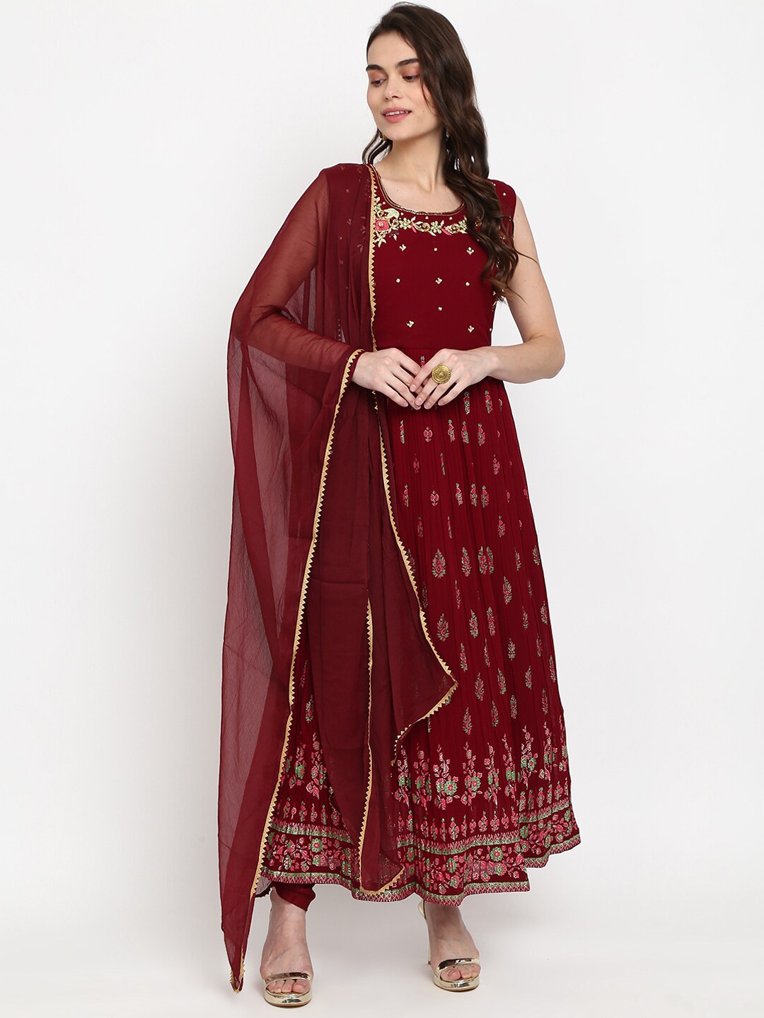 

Desi Mix Women Maroon Ethnic Motifs Pleated Kurta with Churidar & With Dupatta