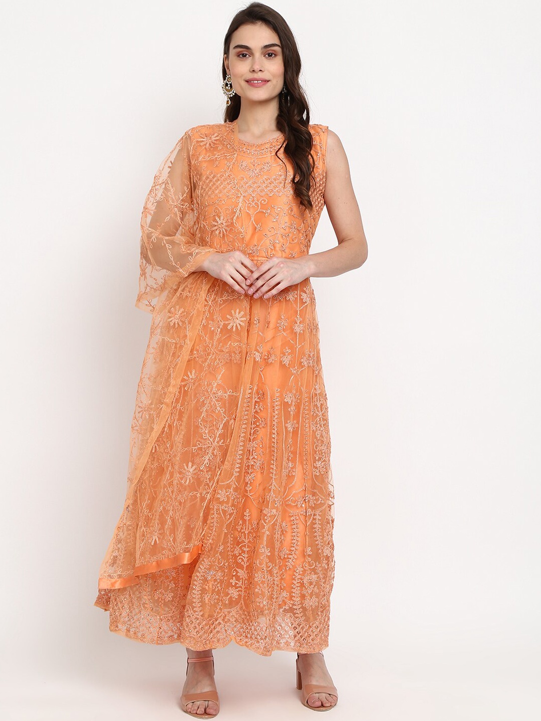 

Desi Mix Women Orange Floral Printed Pleated Kurta with Trousers & With Dupatta