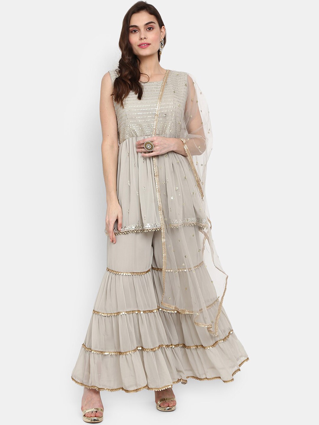 

Desi Mix Women Grey Printed Tiered Sequinned Kurti with Sharara & With Dupatta