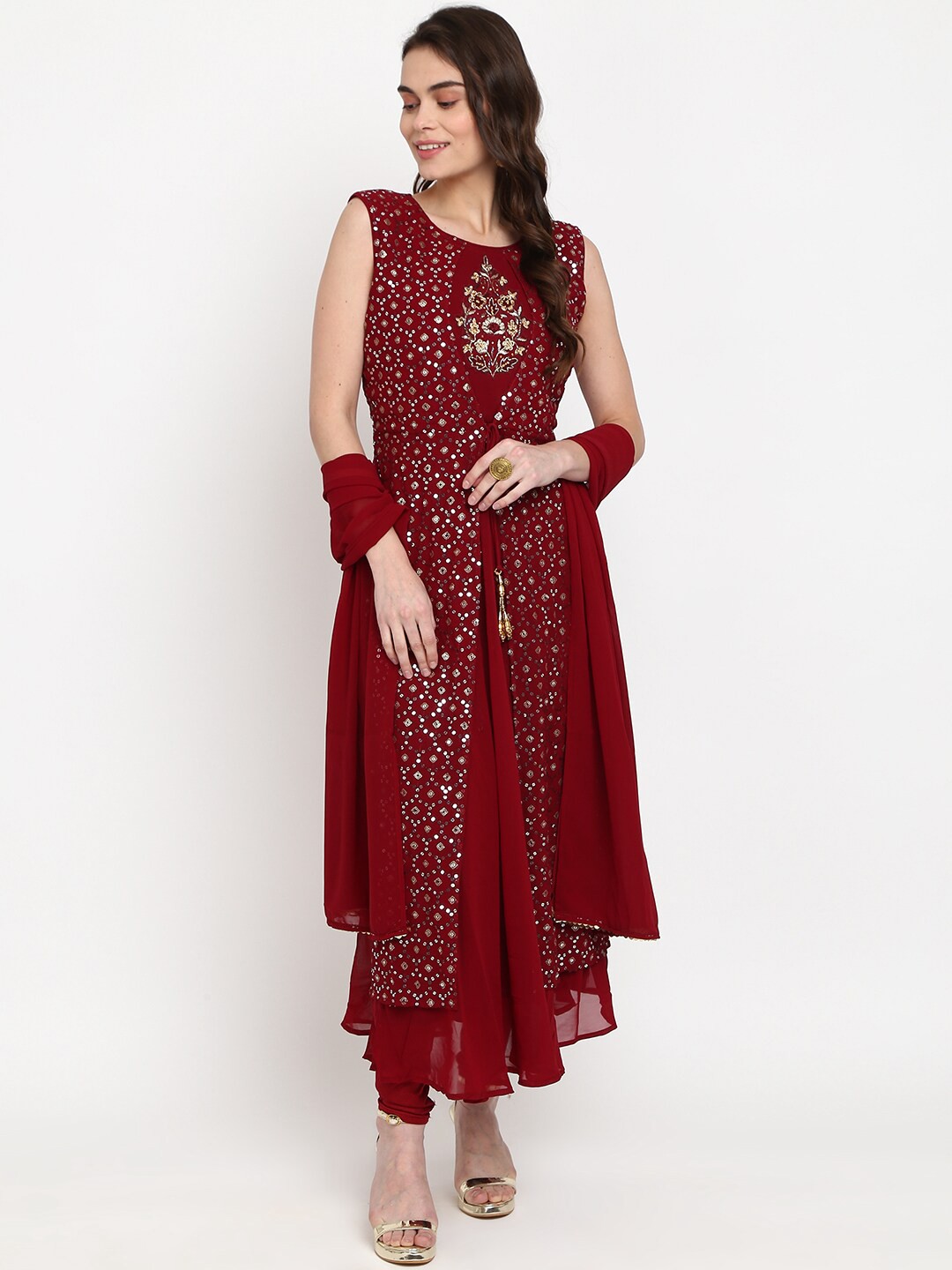 

Desi Mix Women Maroon Embroidered Panelled Kurta with Churidar & With Dupatta