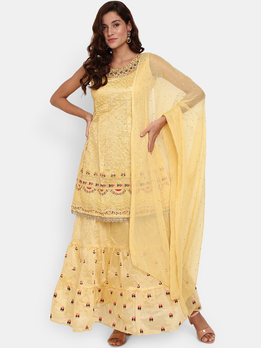 

Desi Mix Women Yellow Ethnic Motifs Embroidered Kurta with Skirt & With Dupatta