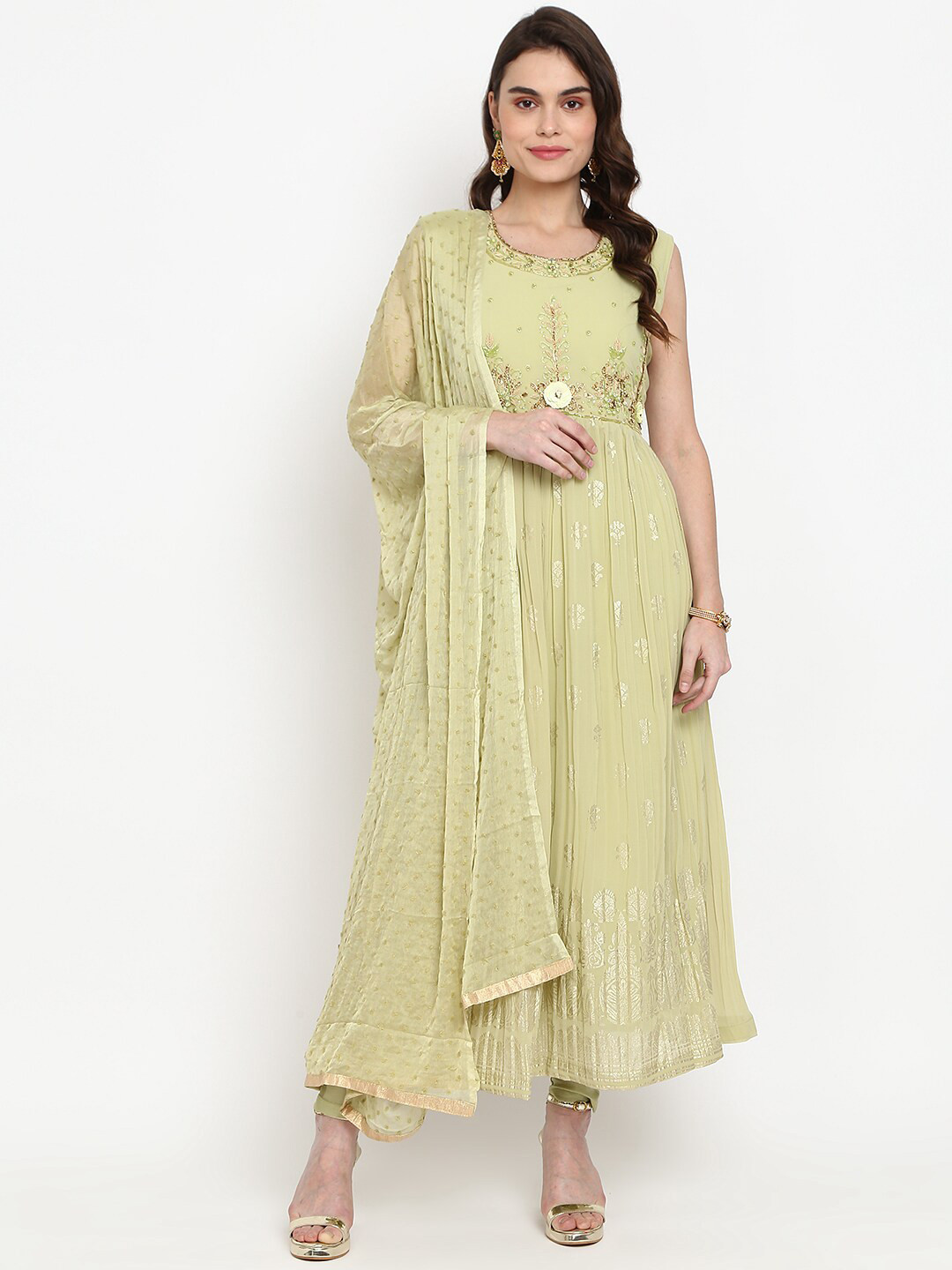 

Desi Mix Women Green Embroidered Empire Kurta with Churidar & With Dupatta