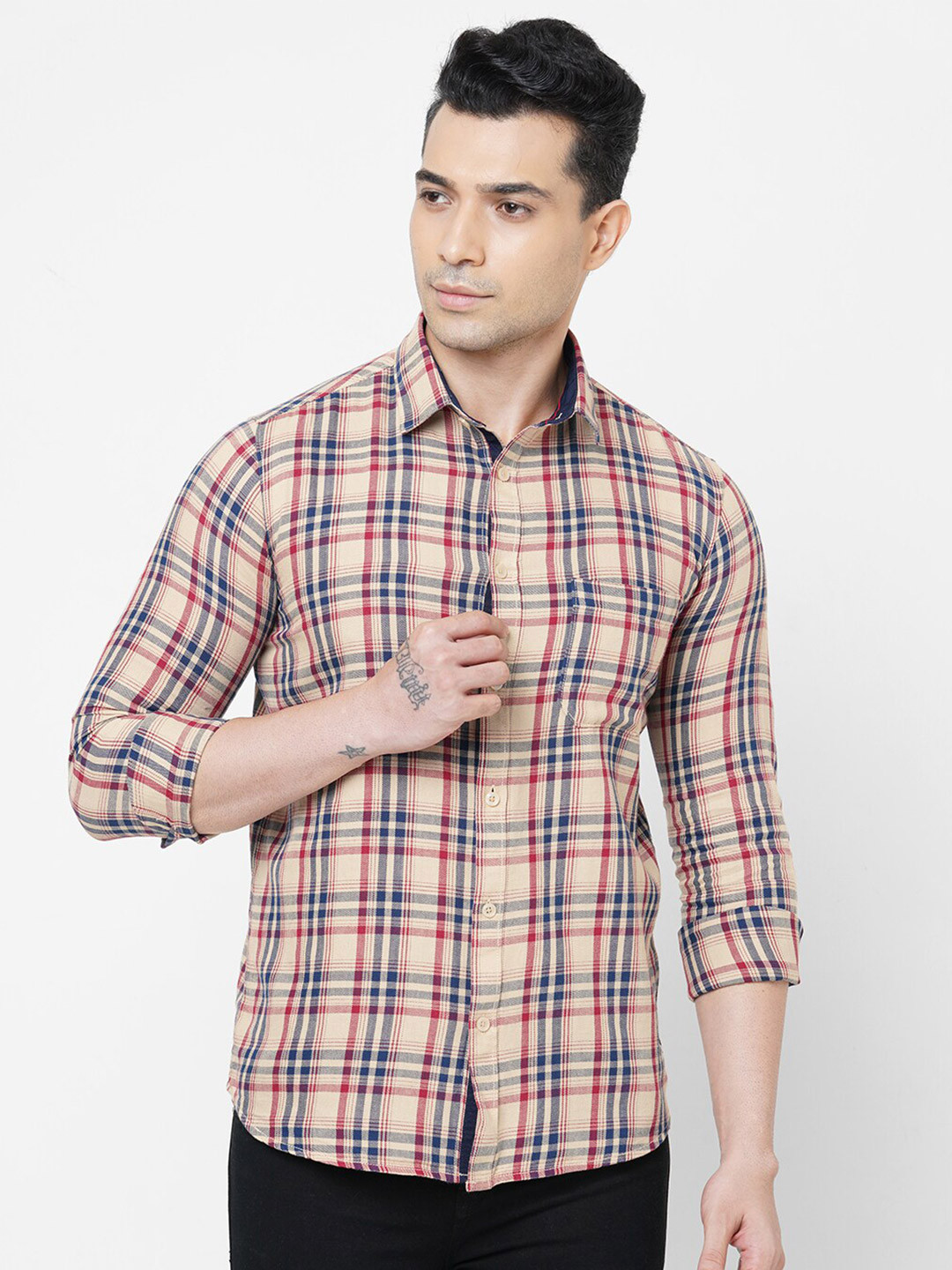 

Solemio Men Beige Smart Slim Fit Tartan Checks Checked Pure Cotton Casual Shirt