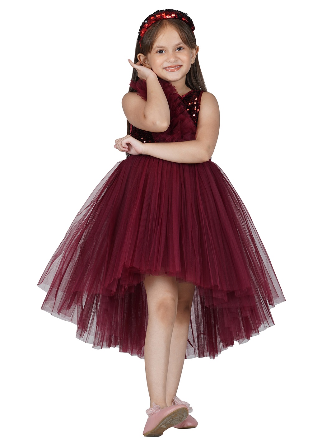 

Toy Balloon kids Maroon Asymmetric Ruffled Layered Net Dress