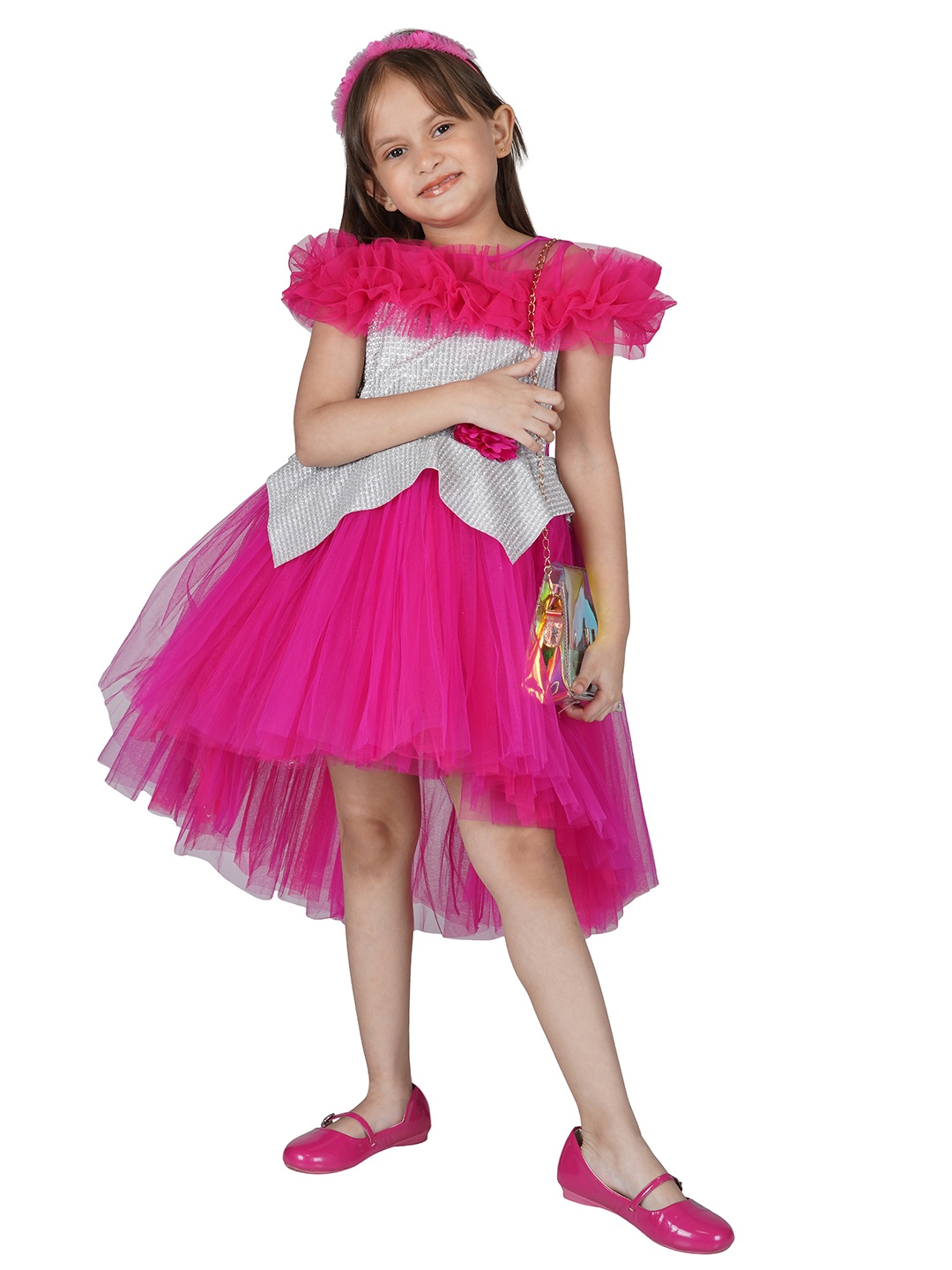 

Toy Balloon kids Fuchsia & Silver-Toned Embellished Layered Net Dress